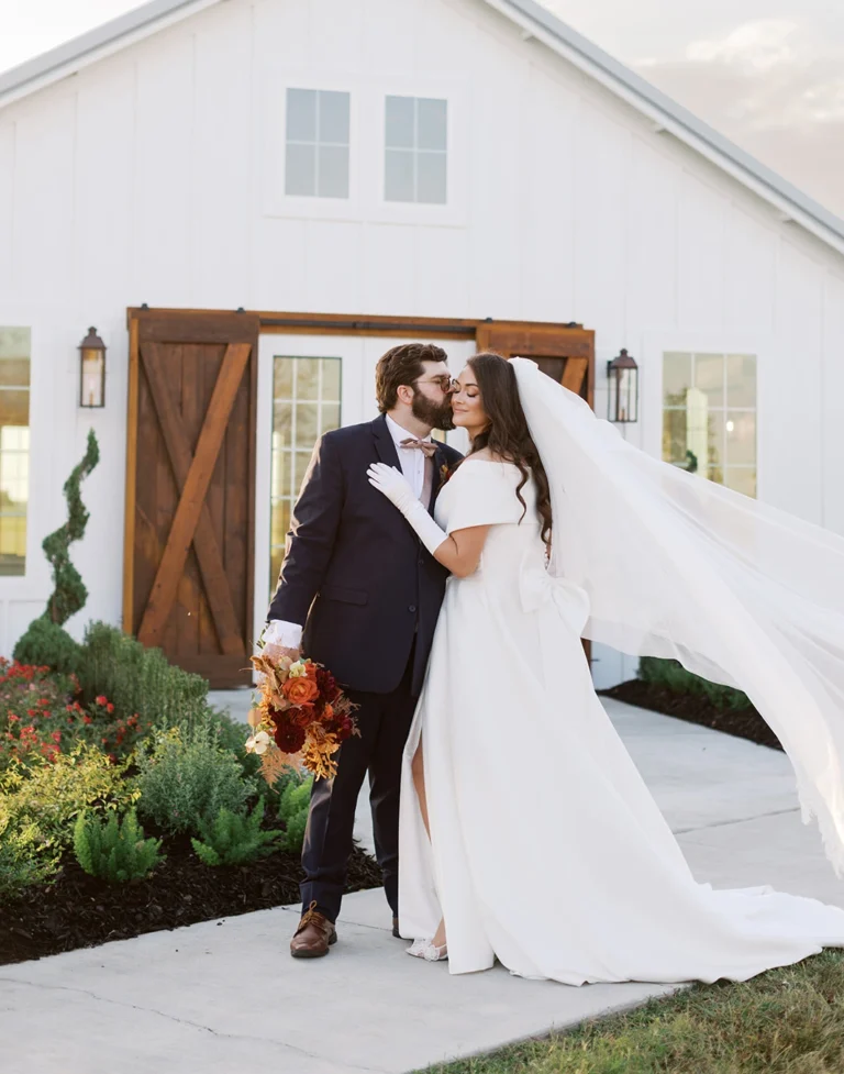 Wedding Portrait in front of the chapel at Le Magasin Roullier