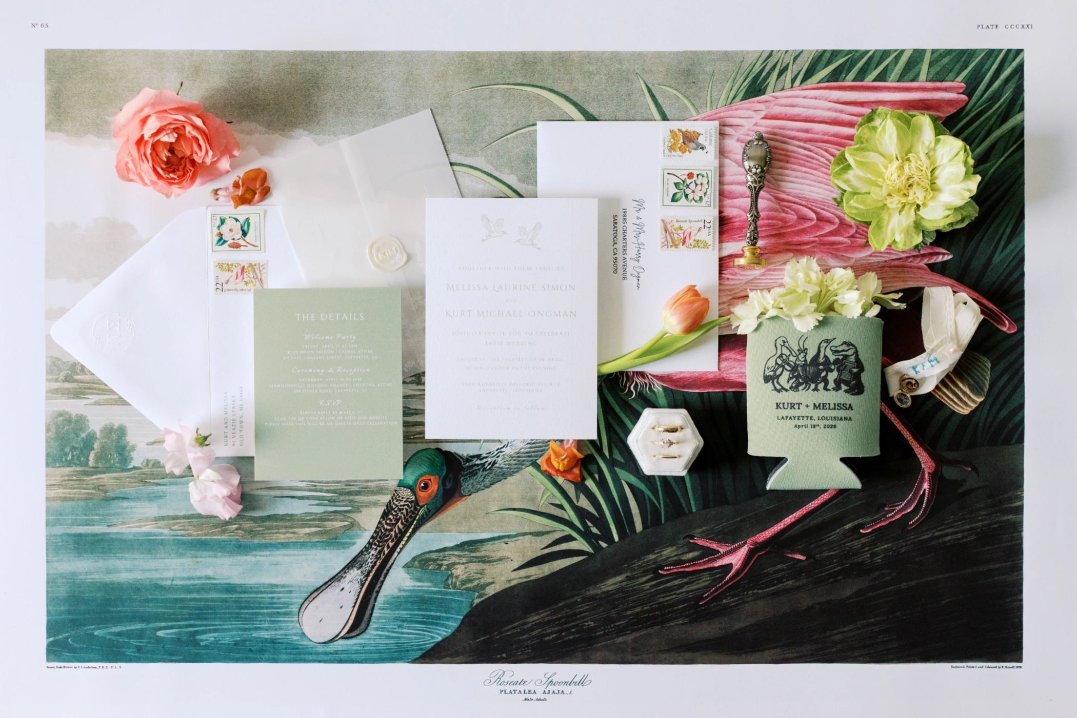 04 birding couple s wedding detail flatlay on audubon print