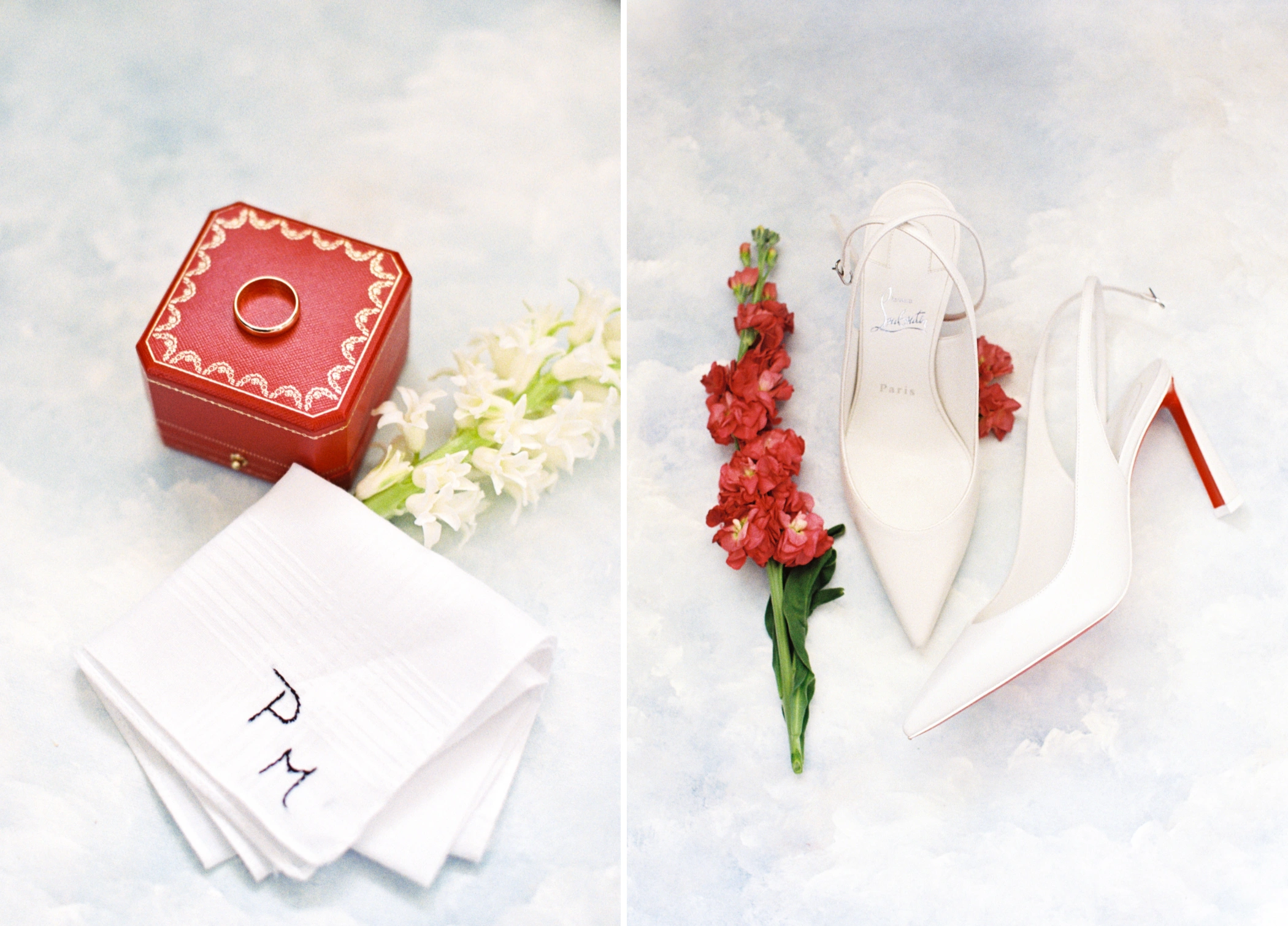 Michael's Cartier wedding band atop its red box with PM monogrammed handkerchiefs, and Paulina's white Christian Louboutin bridal heels with red stock flowers