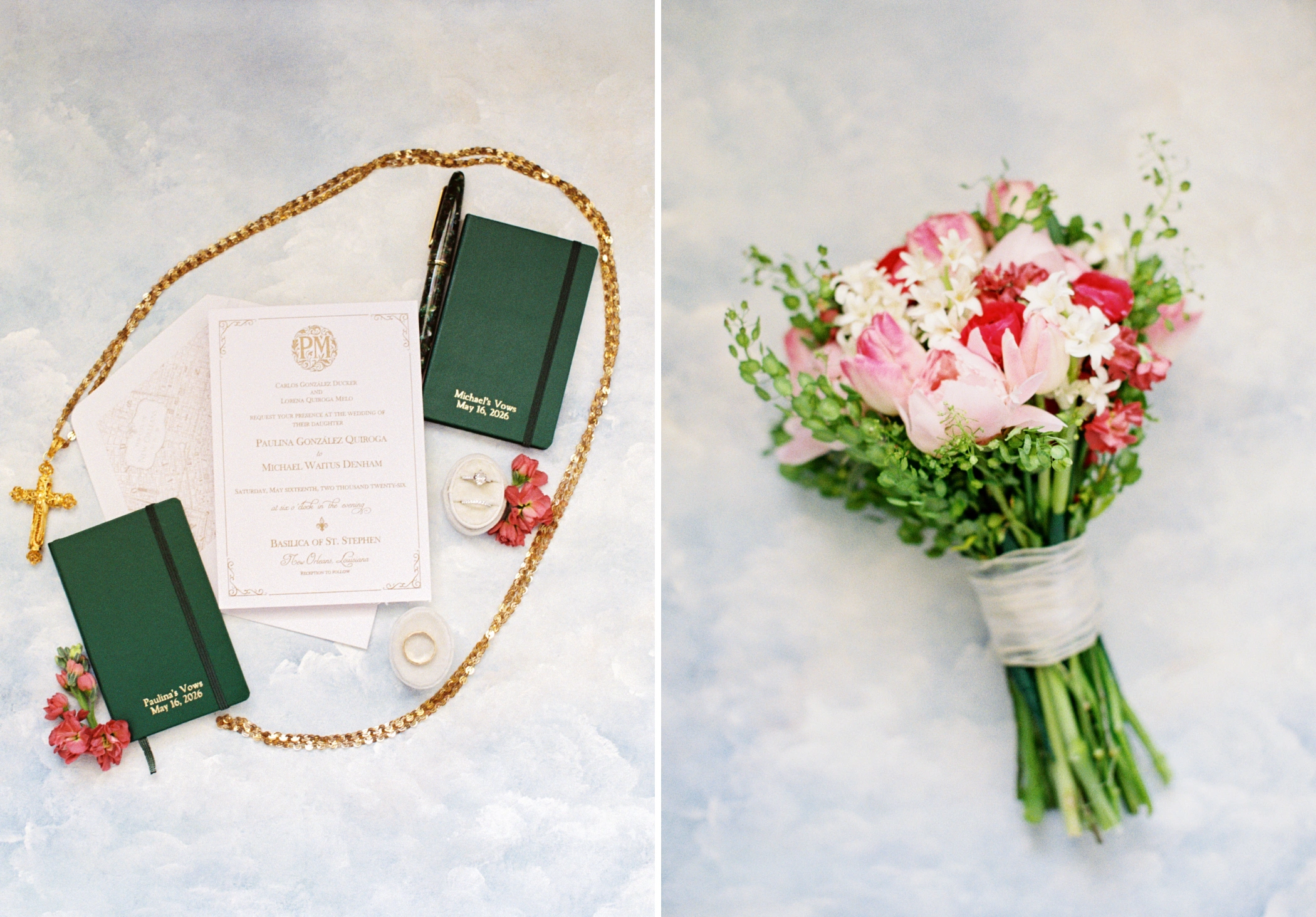 Stampa invitation suite and green vow books encircled by the gold wedding lasso rosary, and Paulina's pink and red bridal bouquet