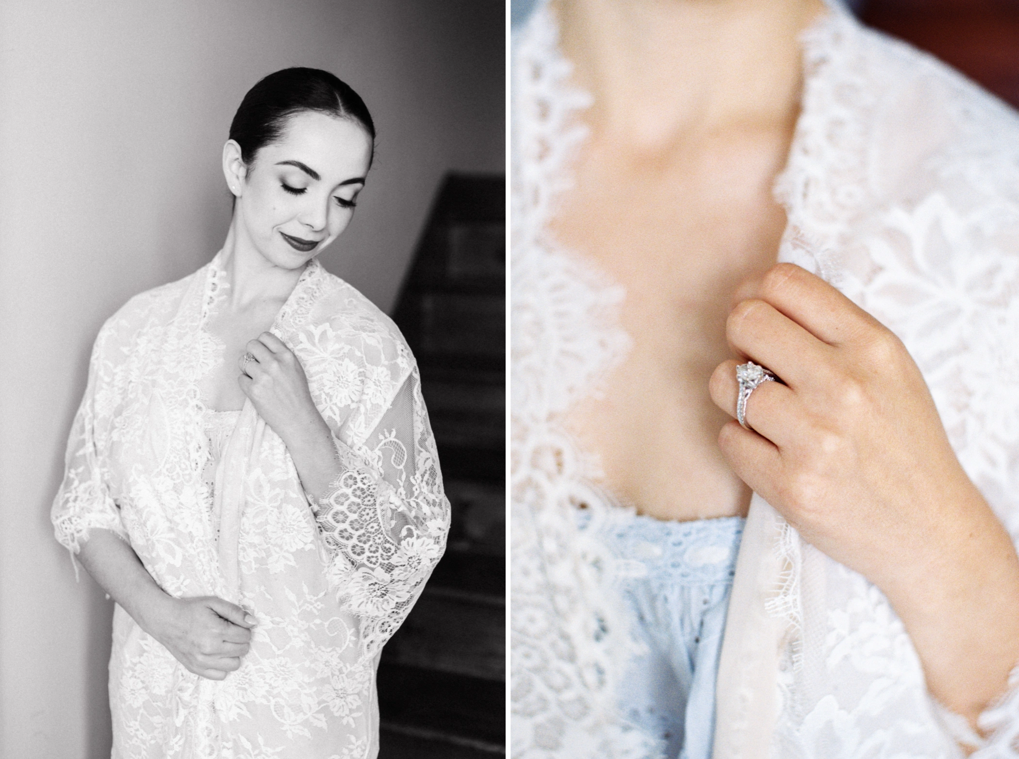 Black and white portrait of Paulina in a lace getting-ready robe, and a close-up of her engagement ring as she holds the robe's collar
