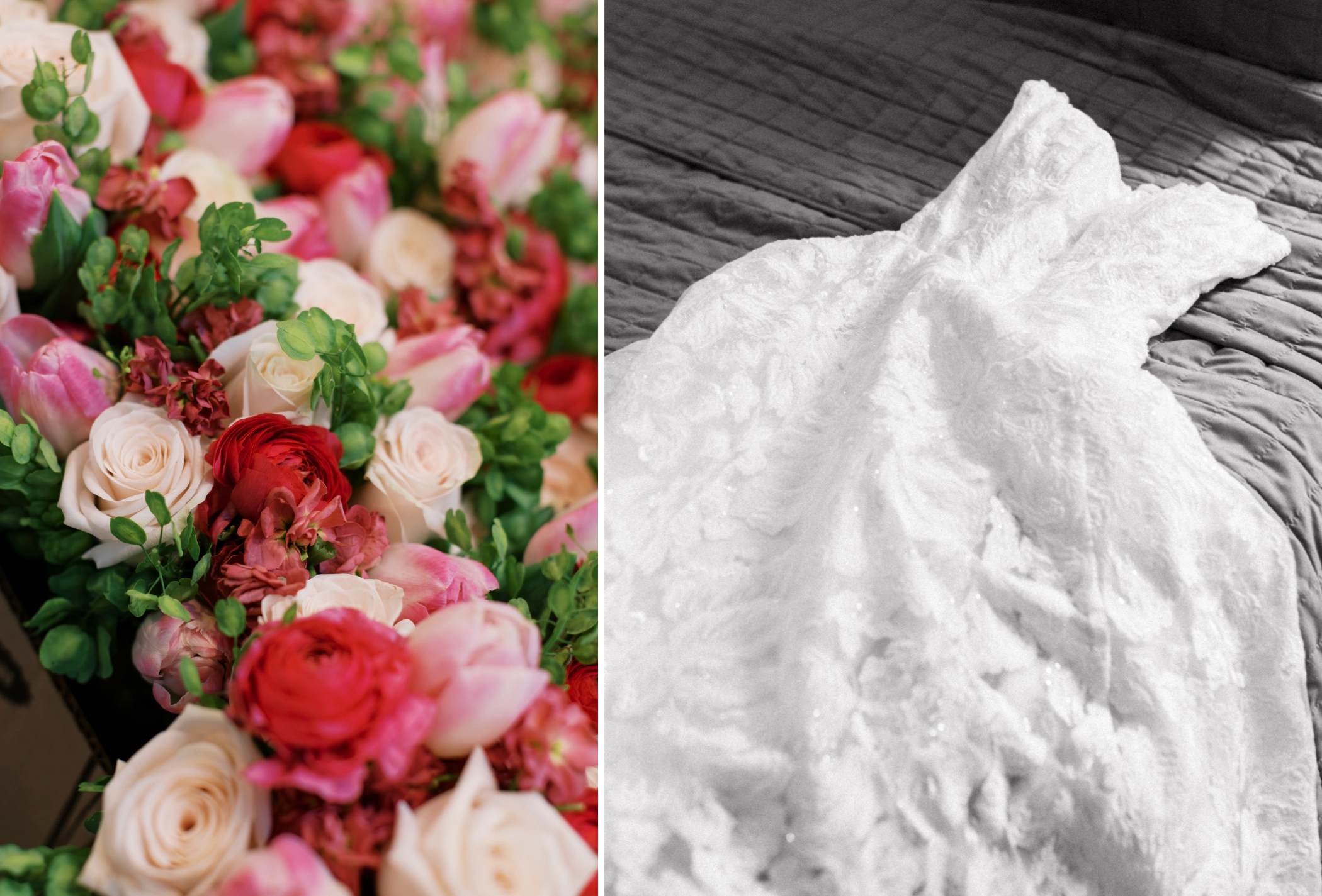Close-up of pink and red roses and ranunculus, and lace detail of Paulina's Town and Country Bridal wedding gown