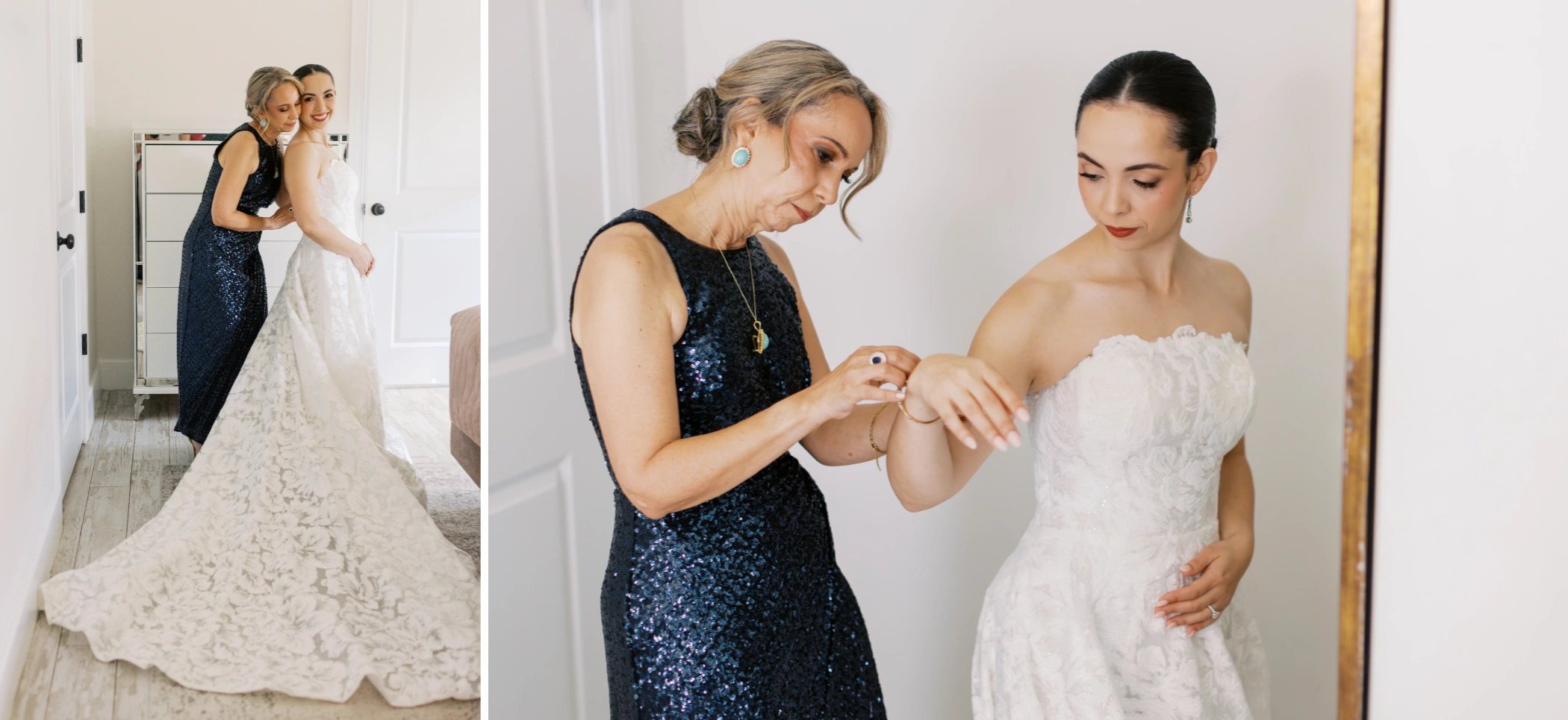 Paulina's mother in a navy sequin dress helping her into her lace wedding gown at Canal St Inn in New Orleans