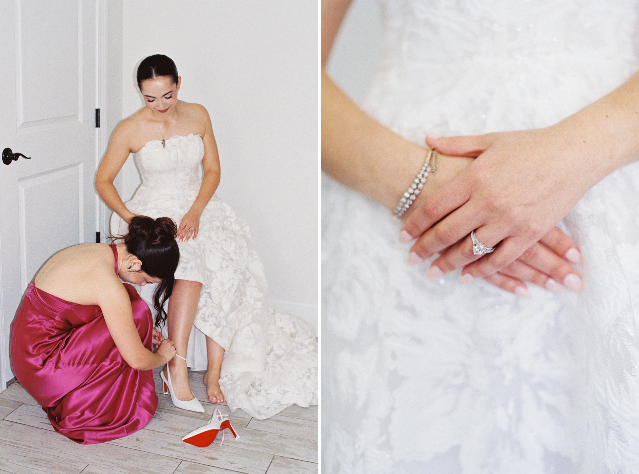 Bridesmaid in pink satin fastening Paulina's white Louboutin heel, and a close-up of her hands with engagement ring and diamond bracelet on the lace gown