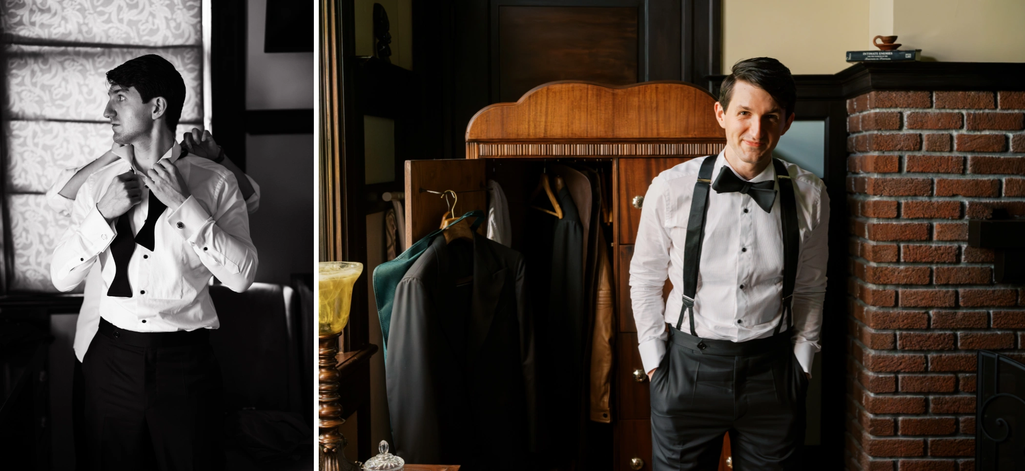 Michael buttoning his tuxedo shirt and standing in suspenders and bow tie while getting ready at Canal St Inn