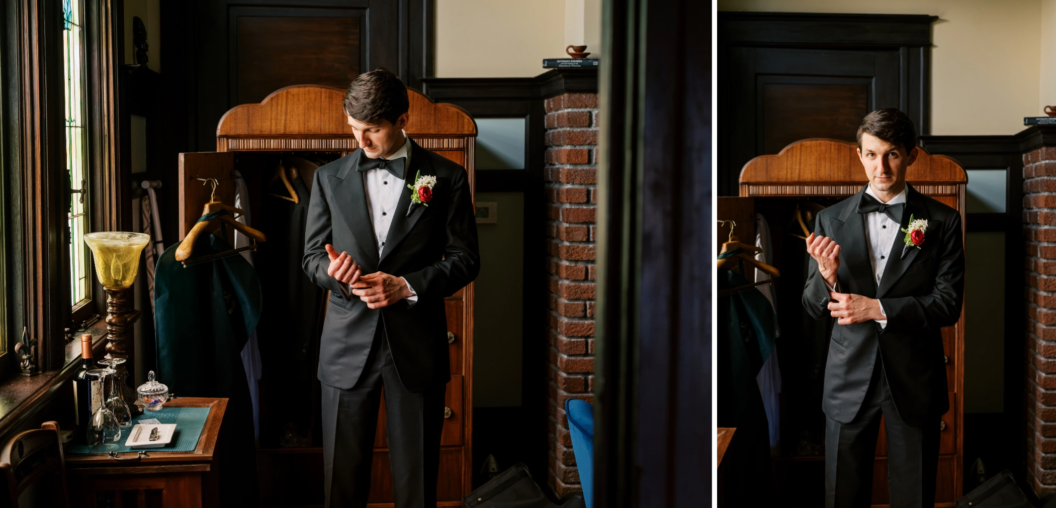 Michael adjusting the cuffs of his custom I Sarti Italiani tuxedo with a red boutonniere beside a brick fireplace