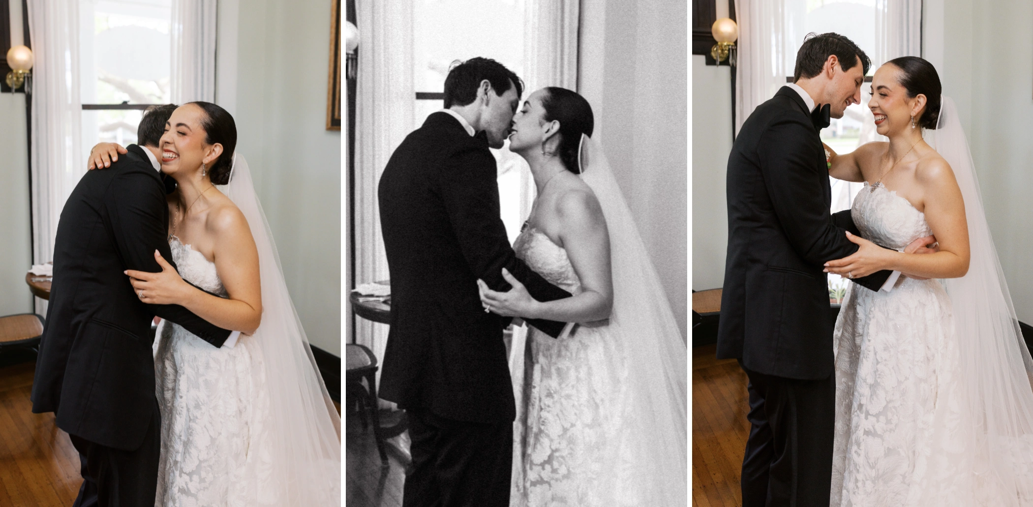 Paulina and Michael embracing and kissing during their emotional first look at Canal St Inn in New Orleans