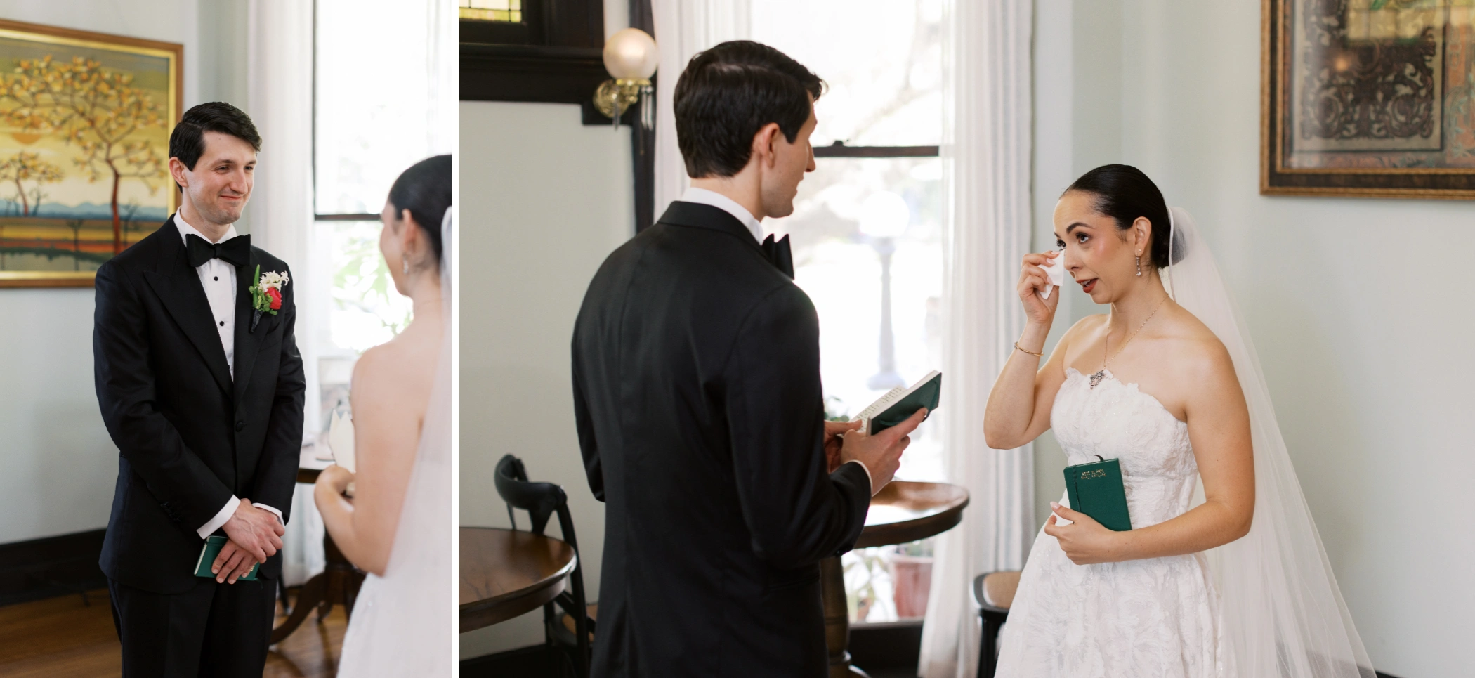 Michael listening as Paulina reads her personal vows and wipes away tears during their private first look