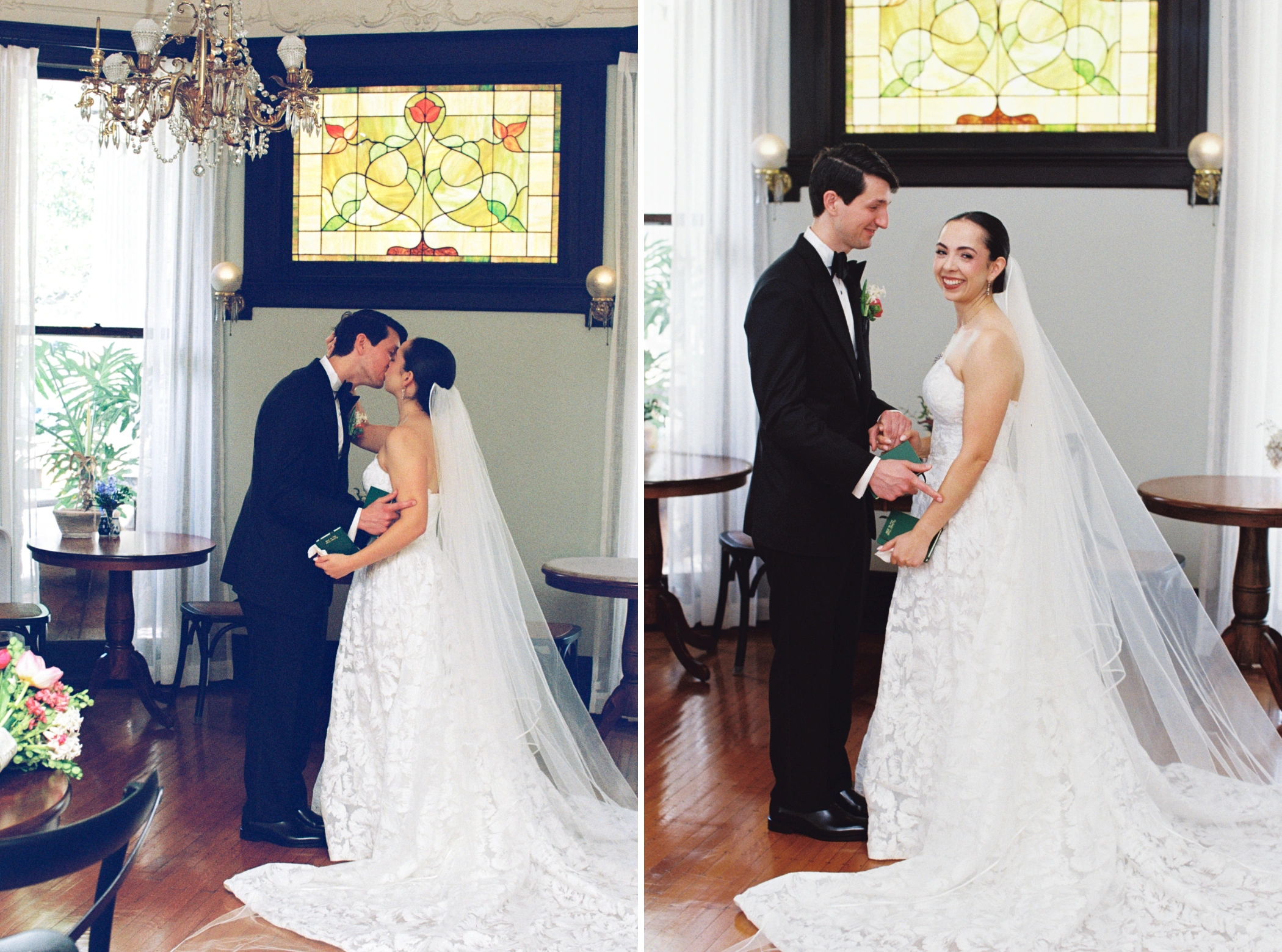 Film photos of Paulina and Michael kissing and holding hands beneath a stained glass window at Canal St Inn