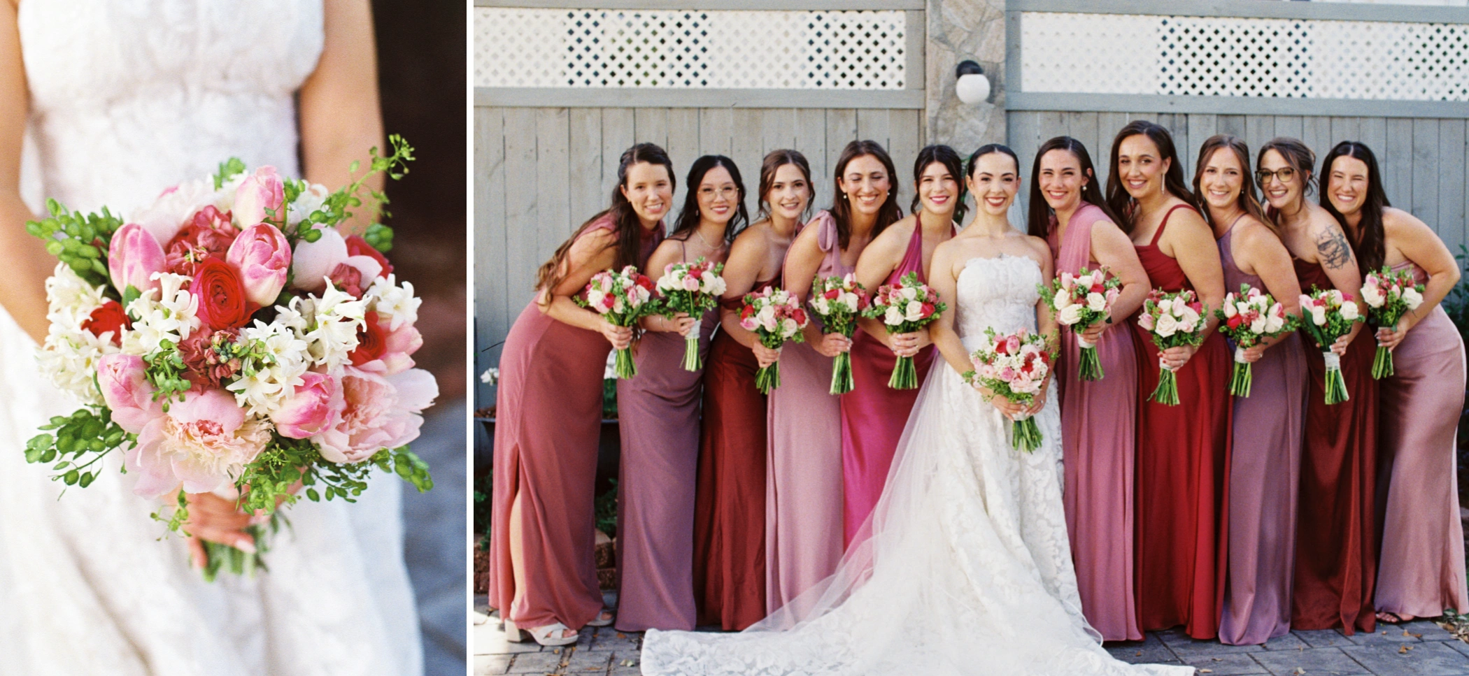 Film photo of Paulina's pink bouquet, and the bridesmaids in shades of pink and rose posing with their bouquets