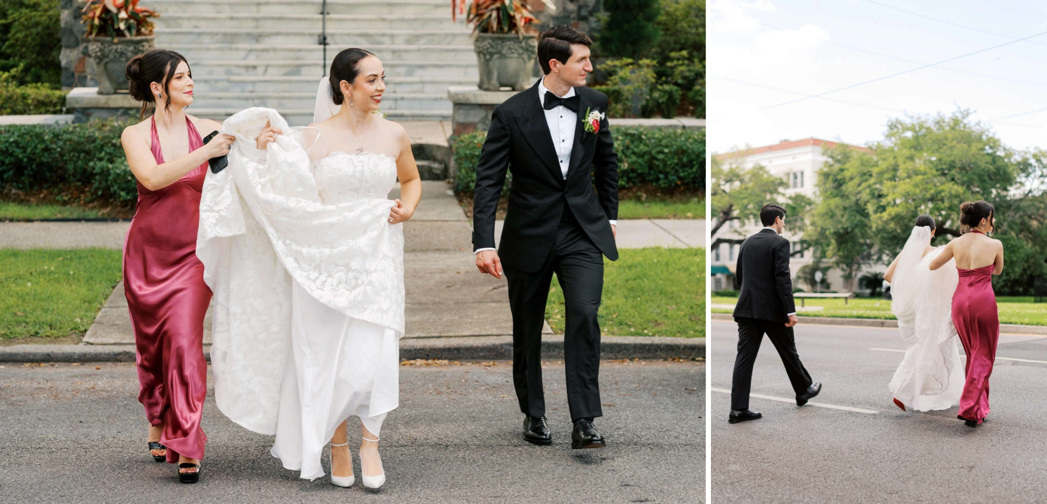 A bridesmaid carrying Paulina's train as the couple walks toward the neutral ground on Canal Street in New Orleans