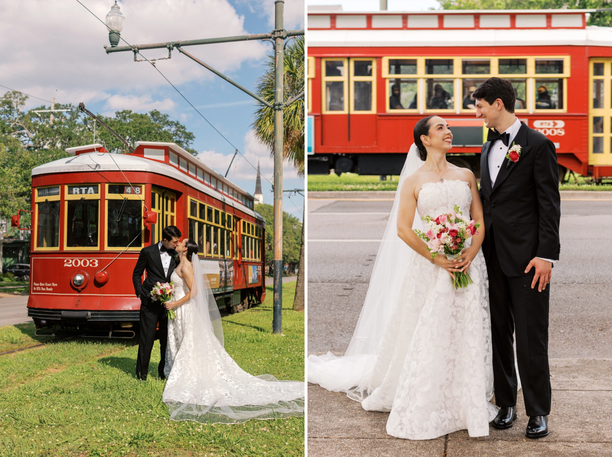 Paulina and Michael posing in front of a red New Orleans streetcar as it passes on Canal Street