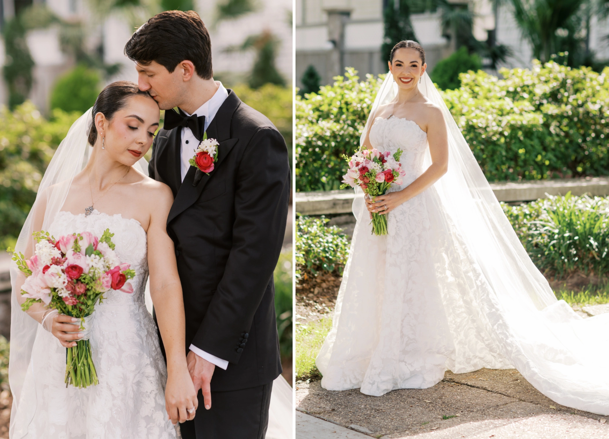 Michael kissing Paulina's forehead as she holds her pink bouquet, and Paulina smiling in her cathedral veil in soft light