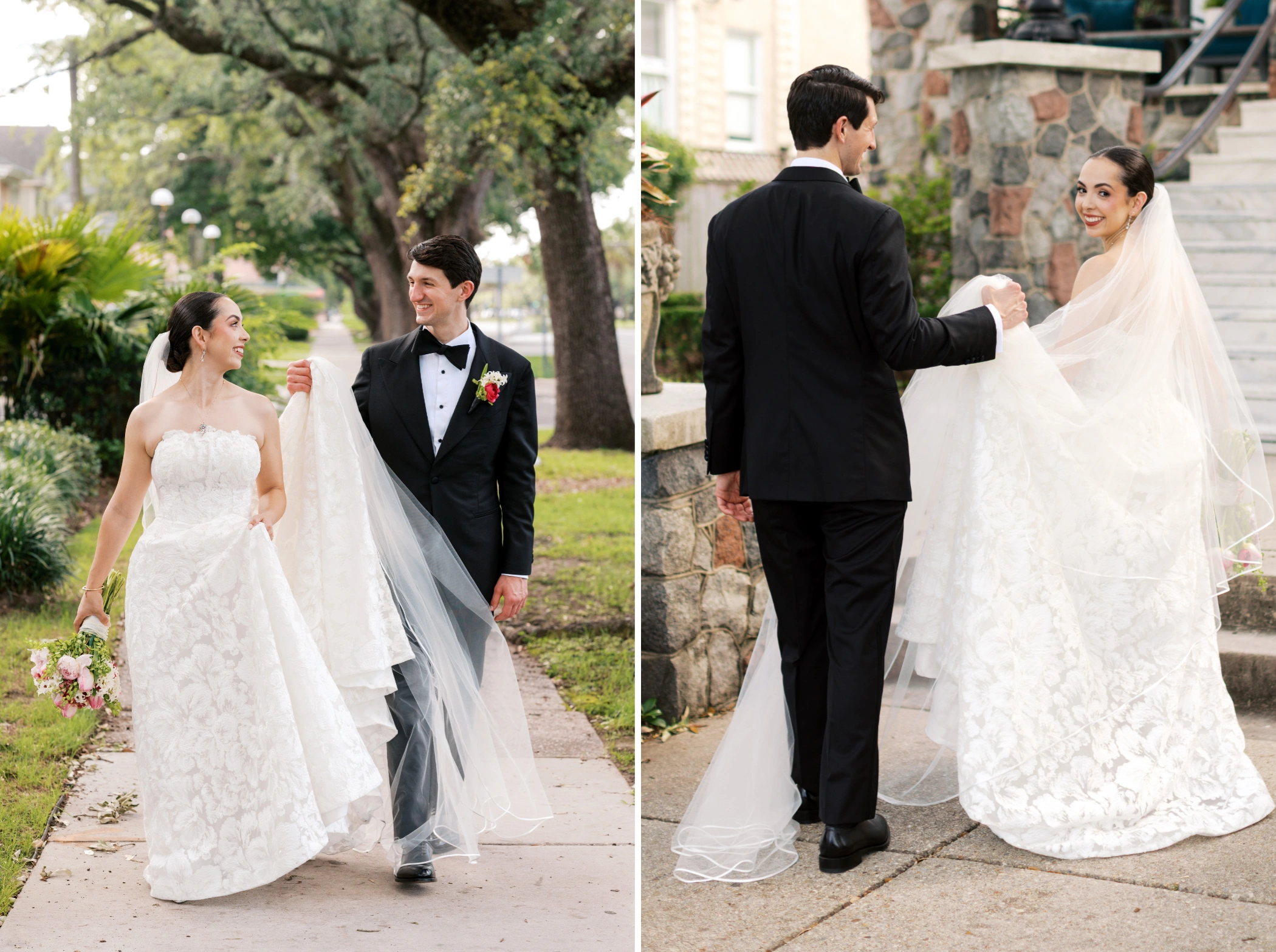 Michael helping Paulina with her gown train as they walk along a sidewalk outside Canal St Inn