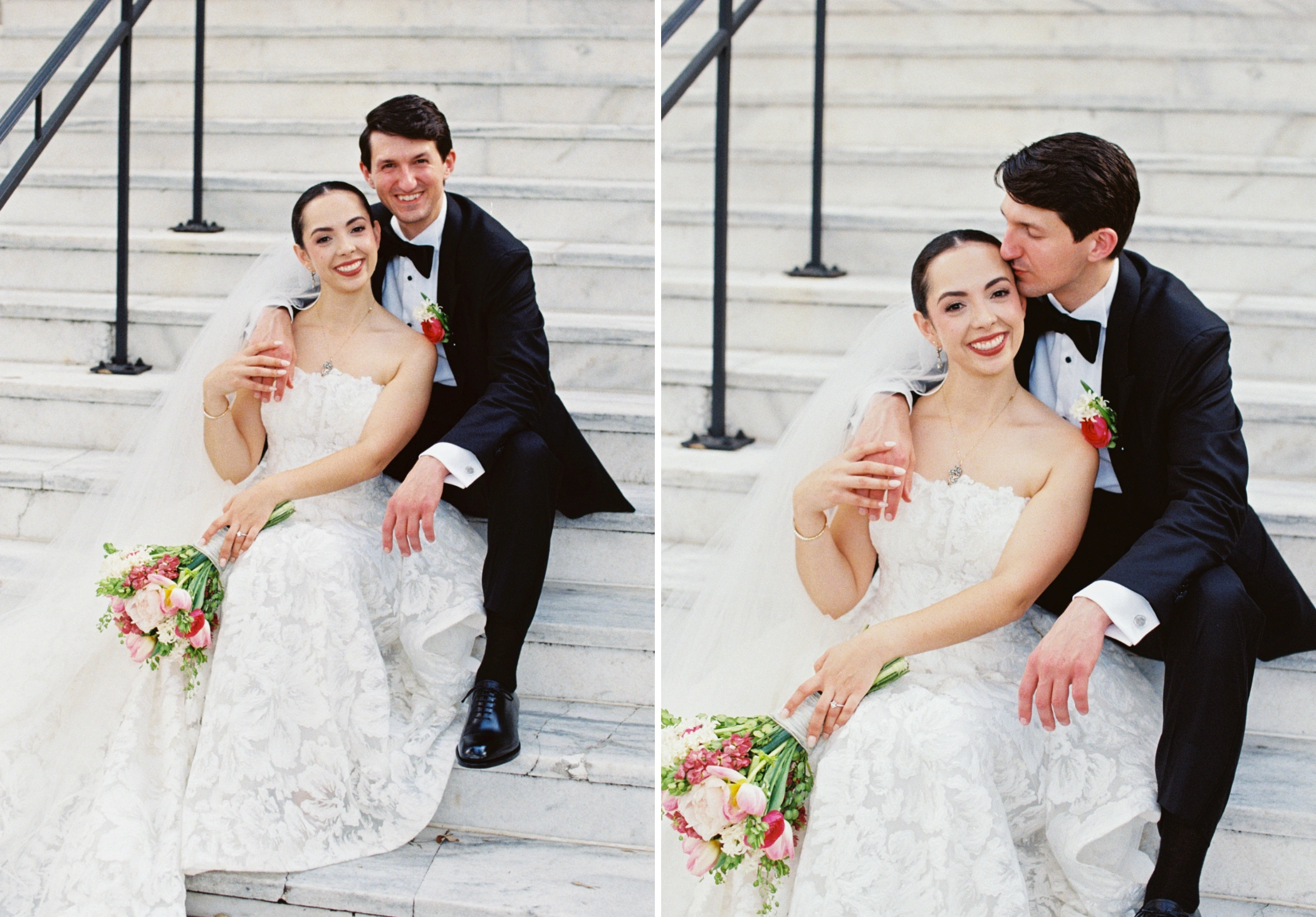 Film grain portraits of Paulina and Michael seated together on white marble steps, Michael kissing her cheek