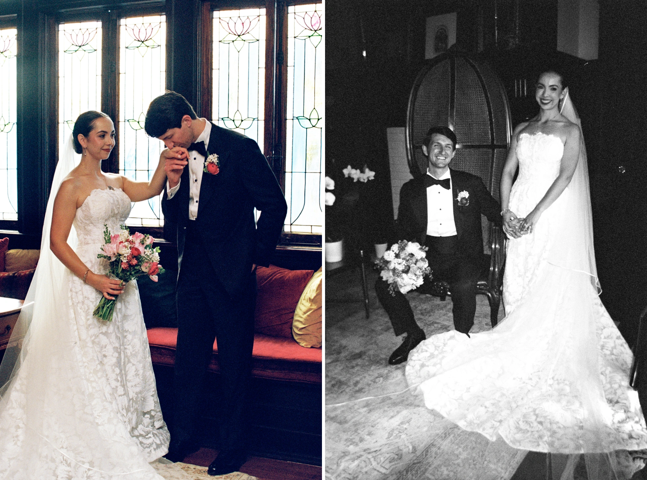 Soft-focus film portraits of Michael kissing Paulina's hand and the couple seated together at Canal St Inn