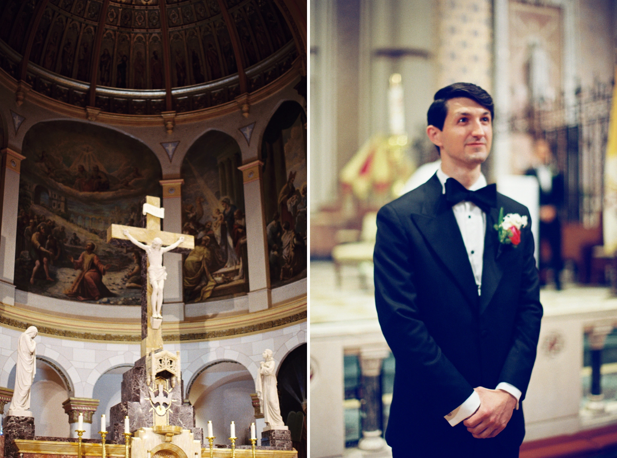 The altar crucifix at St. Stephen's Basilica, and Michael waiting at the altar before the Catholic wedding ceremony