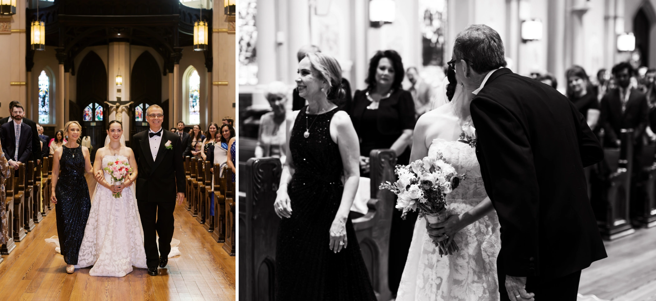 Paulina walking down the aisle of St. Stephen's Basilica with her parents, and a black and white photo of her passing guests