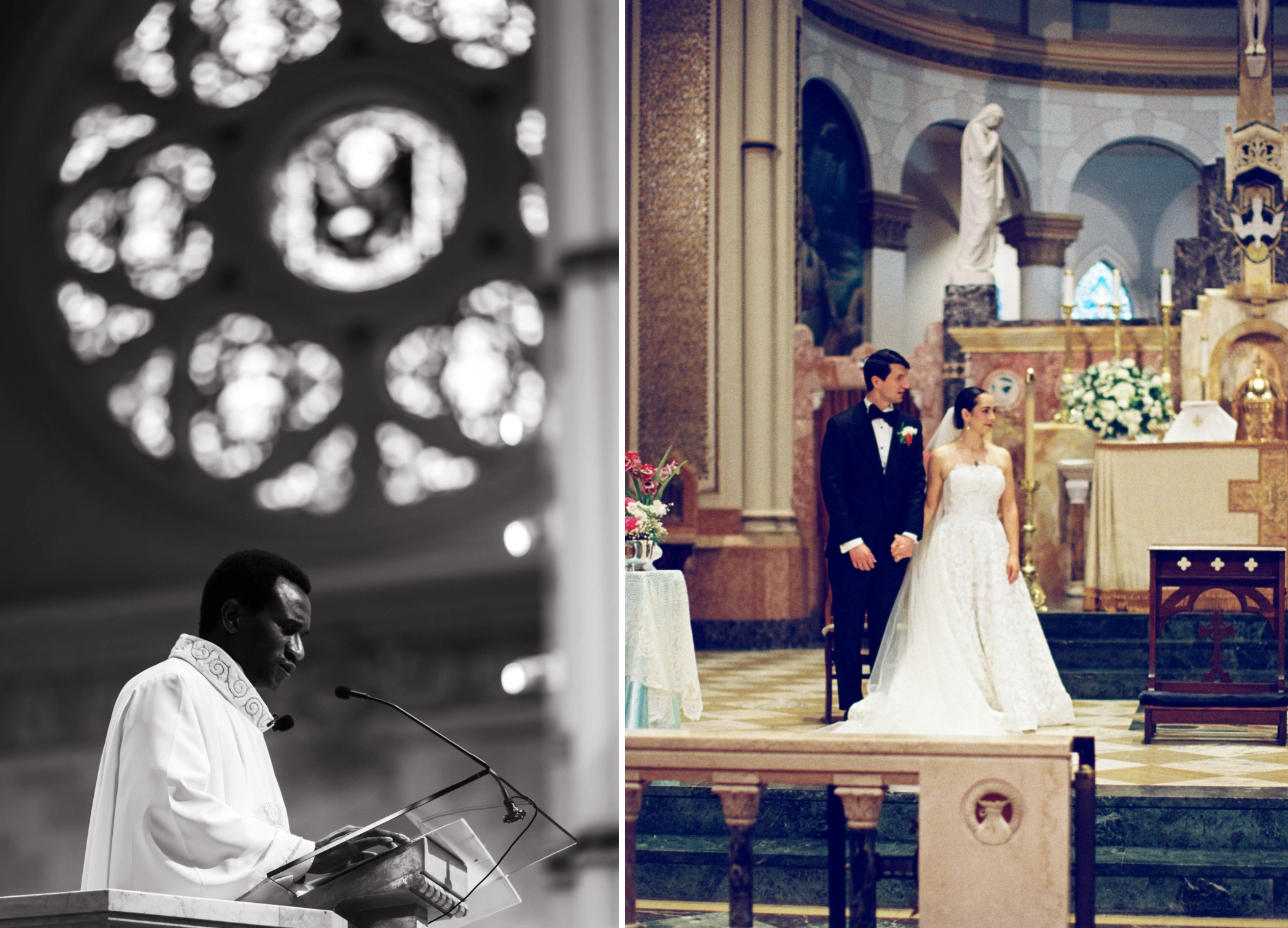 Black and white photo of Fr. Stephen Okoro officiating beneath the rose window, and Paulina and Michael standing at the altar of St. Stephen's Basilica