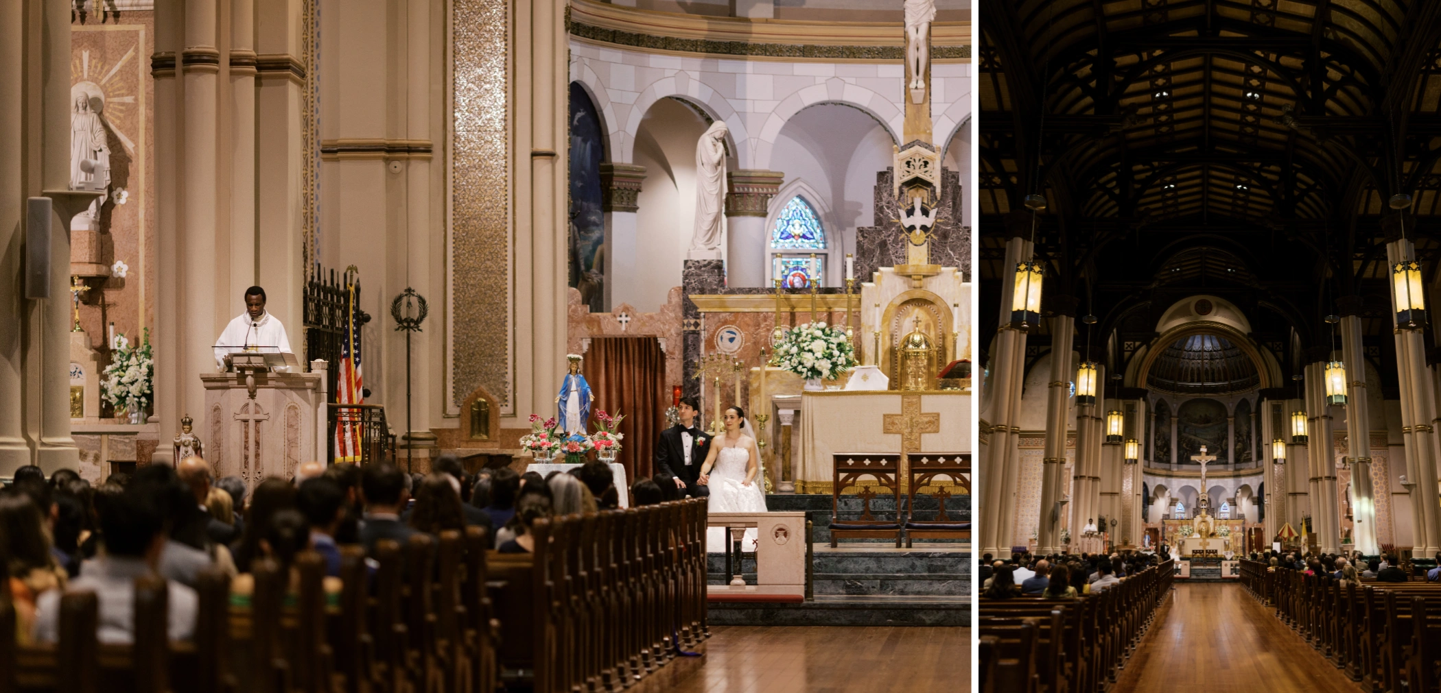Wide views of the Catholic wedding Mass at St. Stephen's Basilica in New Orleans, the couple at the altar before the full congregation