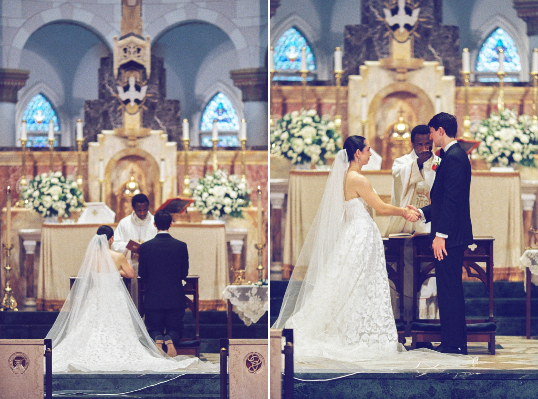 Film photos of Paulina and Michael kneeling at the altar and exchanging rings during their Catholic wedding Mass