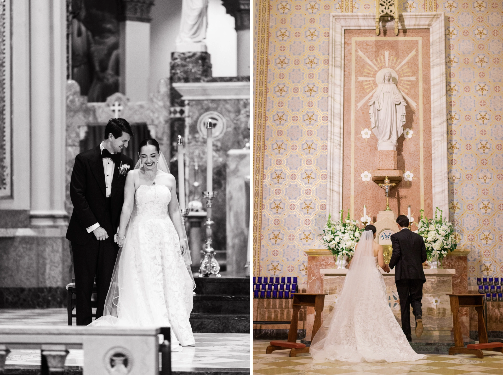 Black and white photo of the couple smiling at the altar, and Paulina presenting flowers at the Mary statue at St. Stephen's Basilica