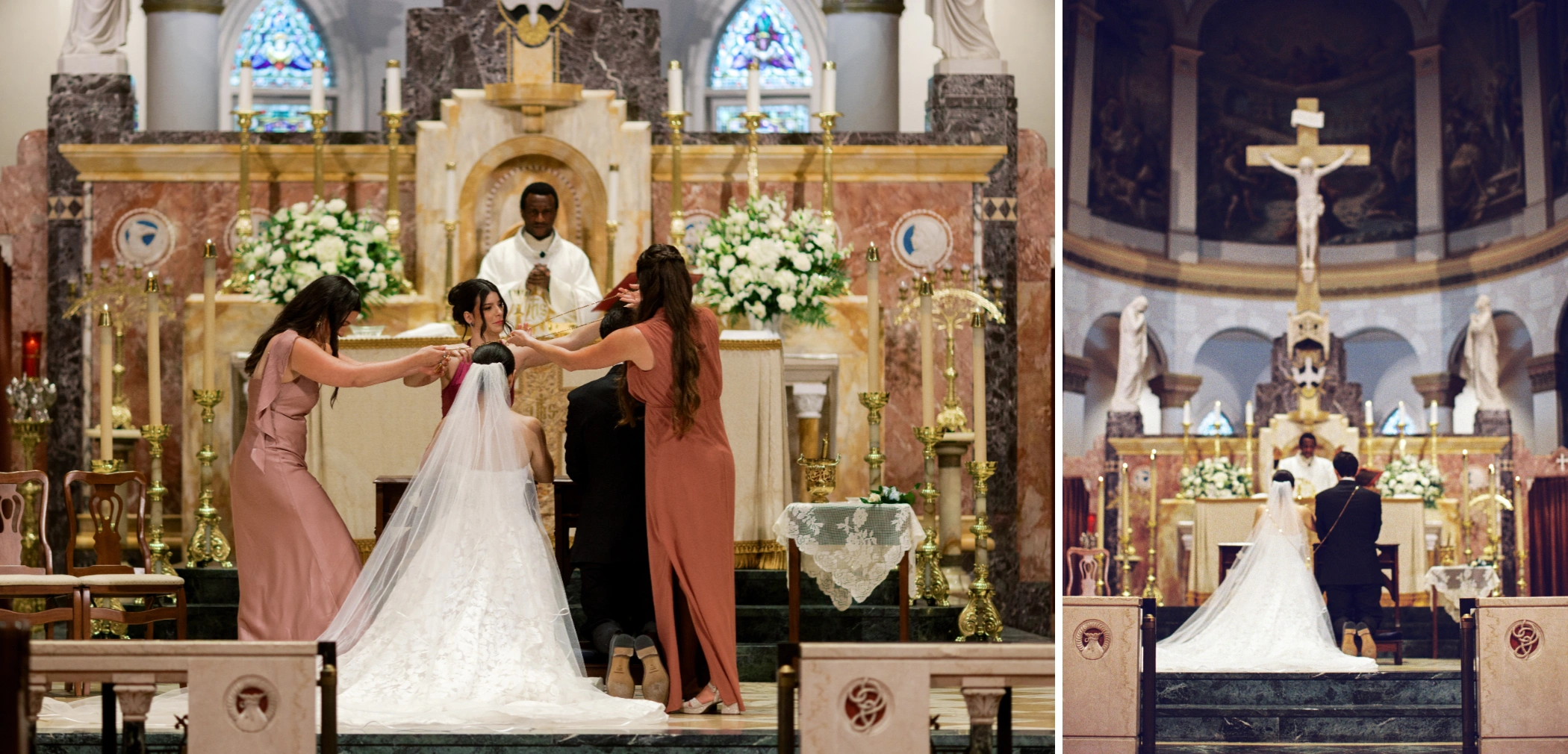 Bridesmaids draping the wedding lasso around Paulina and Michael during their Catholic Mass at St. Stephen's Basilica