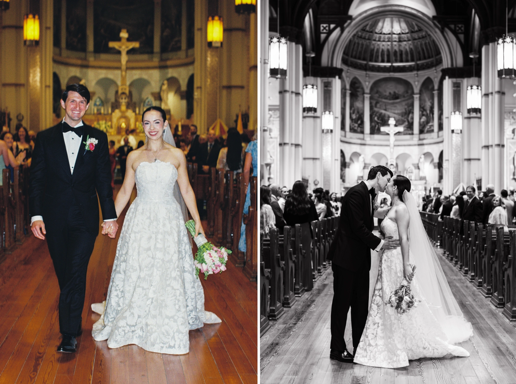 Paulina and Michael walking joyfully back up the aisle, and a black and white photo of their kiss in the aisle of St. Stephen's Basilica