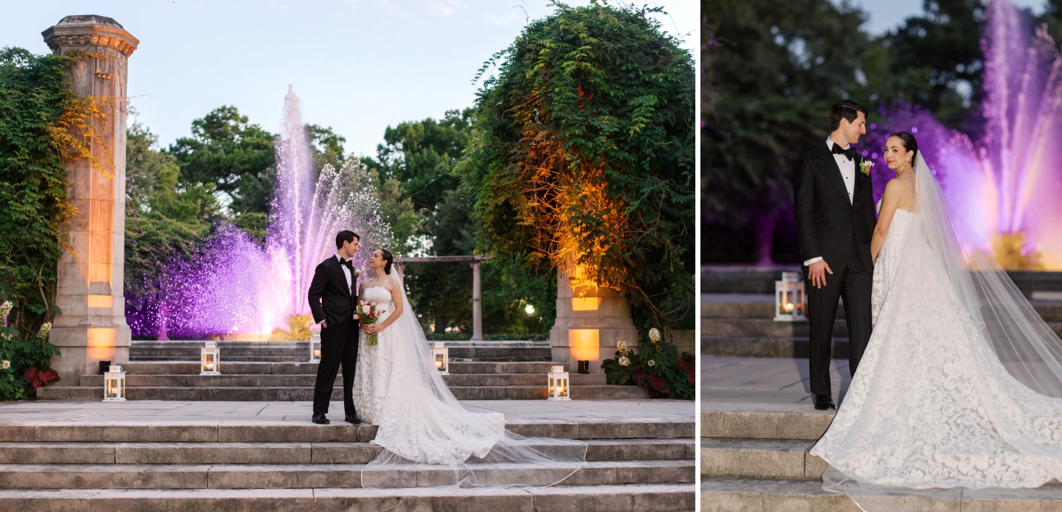 Paulina and Michael on the steps of Popp Fountain lit in purple and orange before their Arbor Room reception in City Park