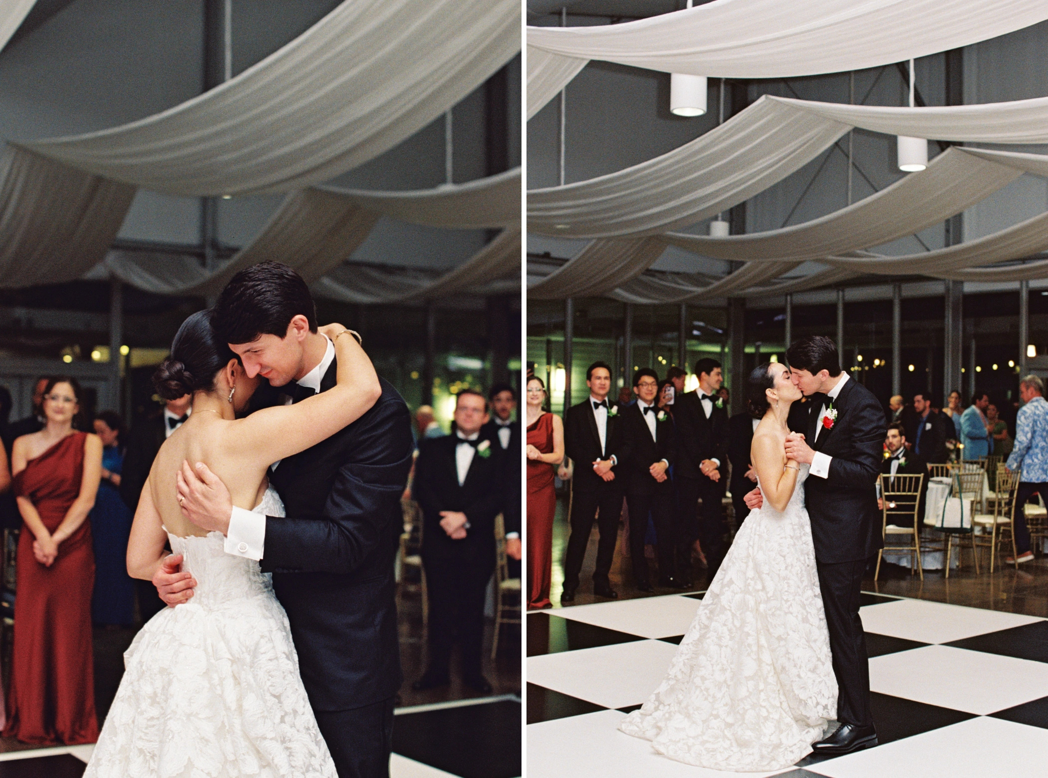 Paulina and Michael's first dance on the checkered floor beneath draped ceilings at their Arbor Room New Orleans Wedding