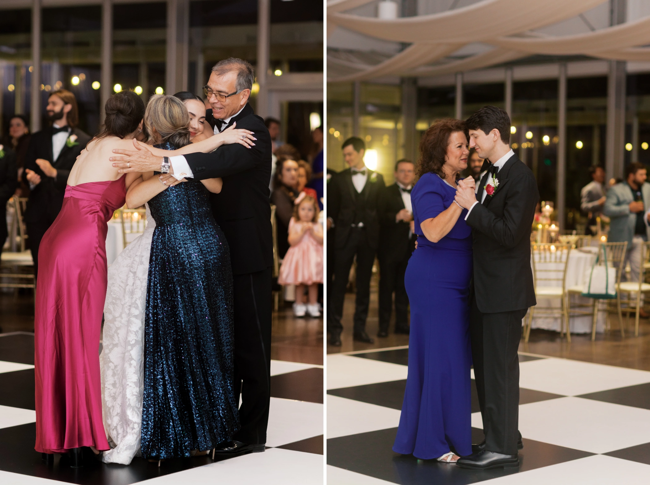 Paulina hugging her parents and sister on the dance floor, and Michael dancing with his mother in royal blue at the Arbor Room