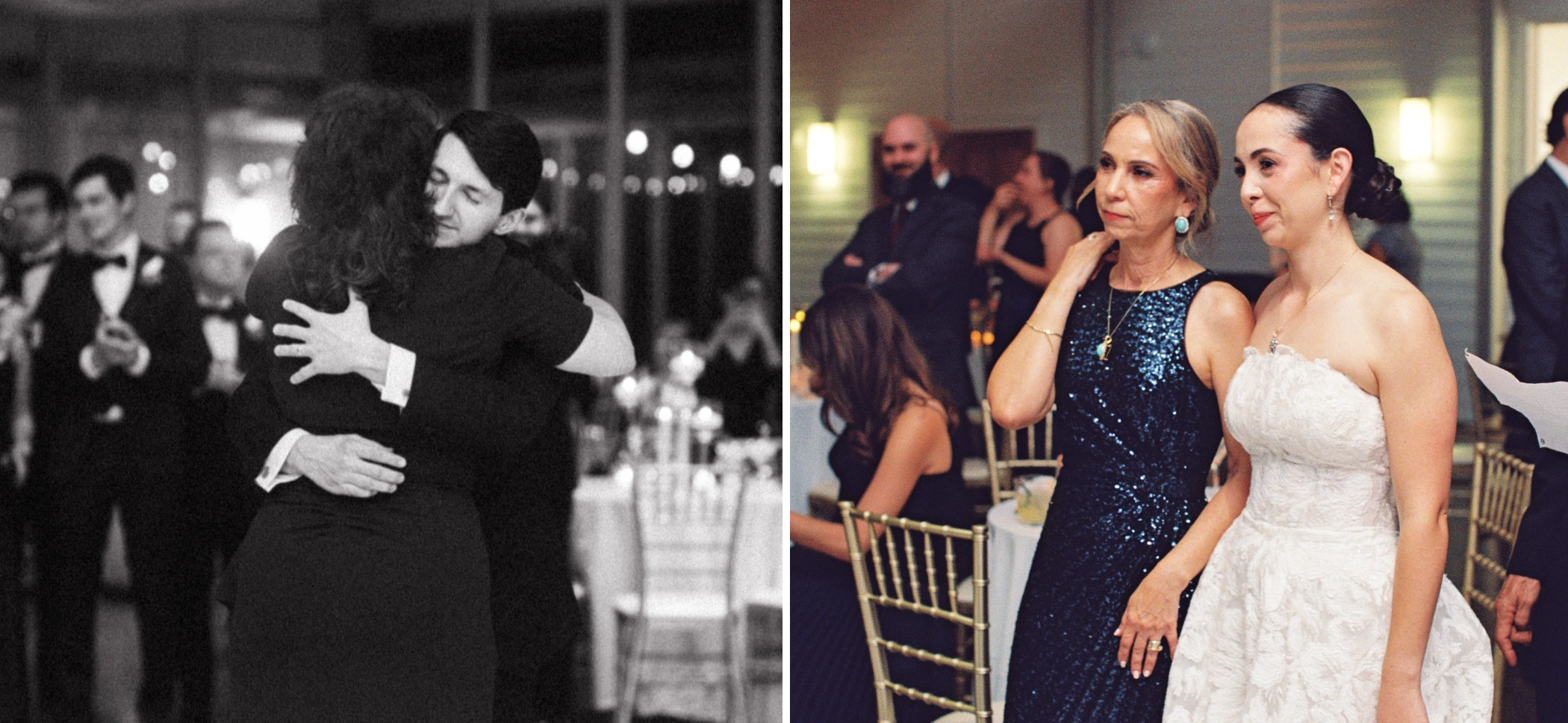 Black and white photo of Michael hugging his mother, and Paulina watching the mother-son dance beside her mom