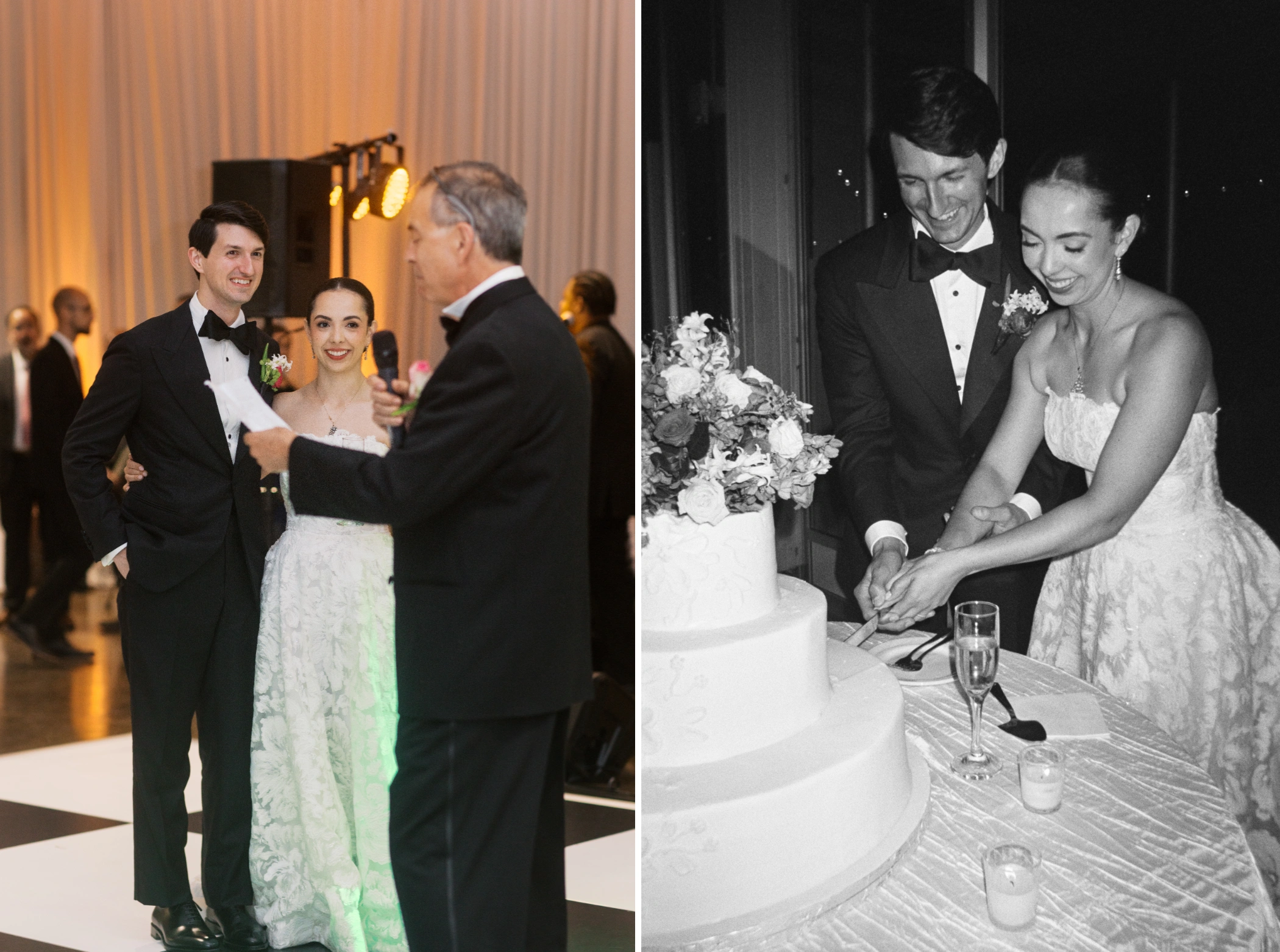 Paulina's father giving a toast with the couple, and a black and white photo of Paulina and Michael cutting their Haydel's wedding cake
