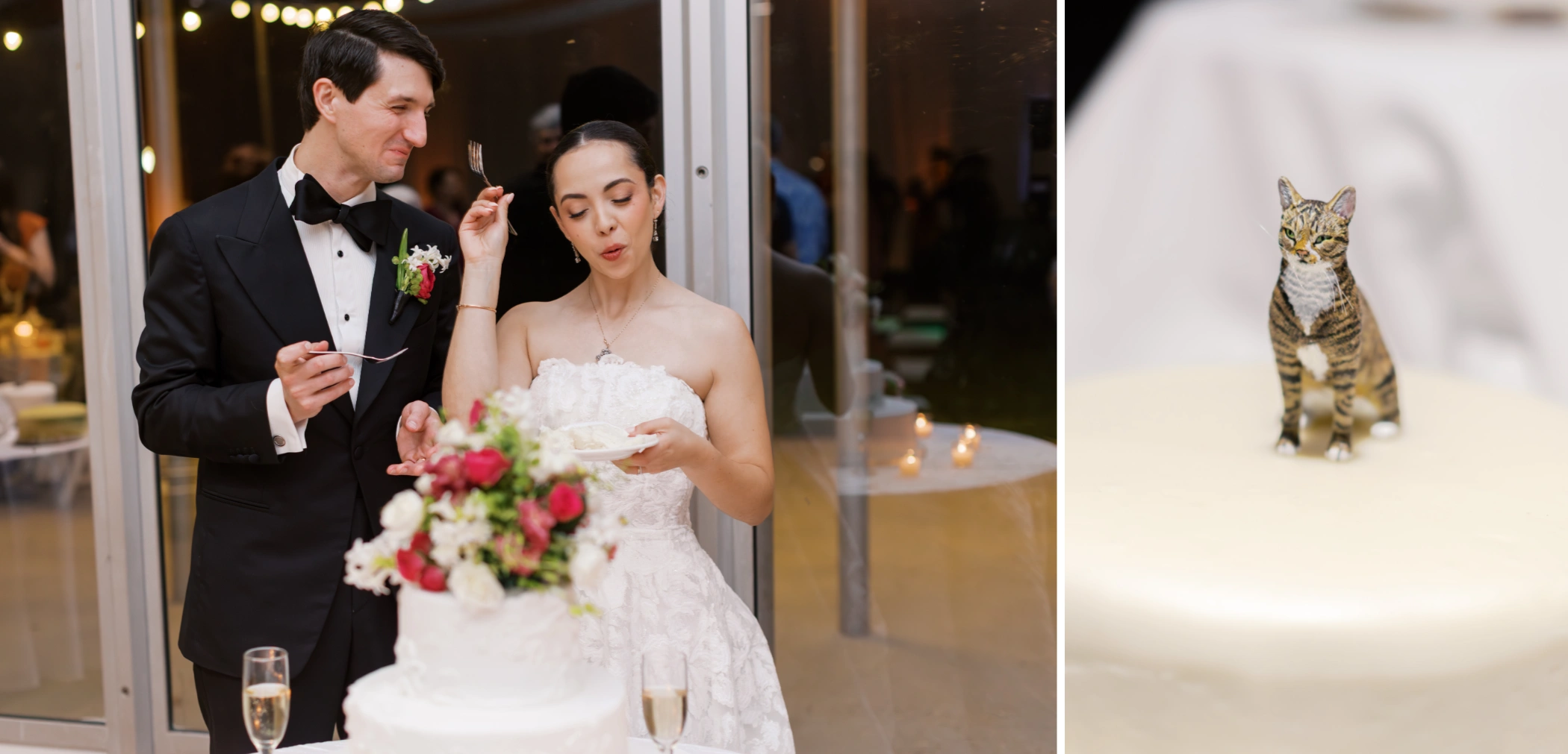 Paulina making a face over a bite of cake, and the tiny custom cake topper of their cat Kiwi on the Debbie Does Doberge groom's cake