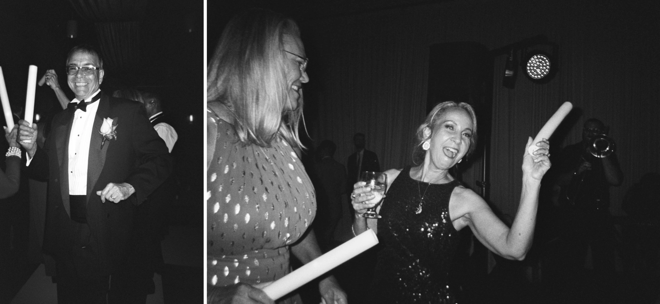 Black and white disposable camera photos of guests dancing with glow sticks at the Arbor Room reception