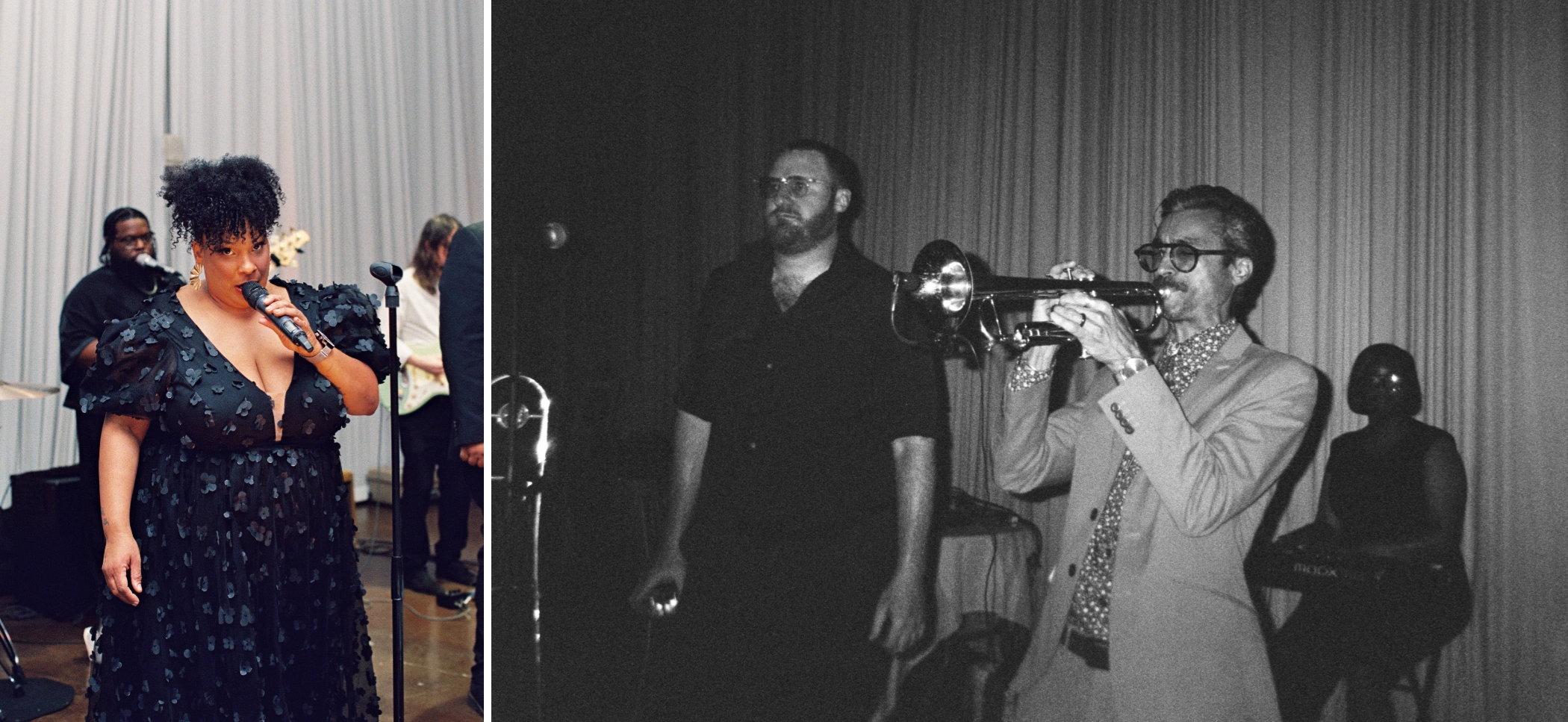 NOLA Dukes Band's lead singer in a sequined blue dress, and a black and white photo of the trumpet player at the Arbor Room reception
