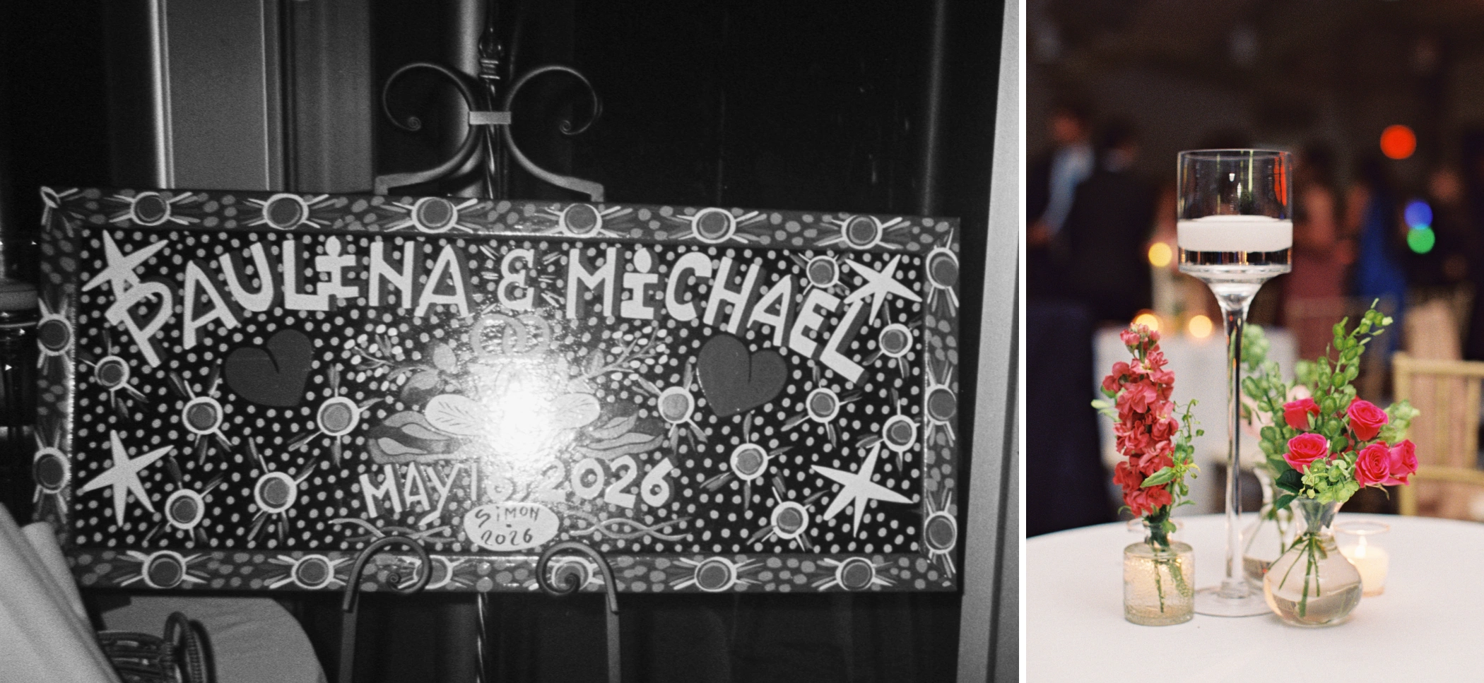 Black and white photo of the Simon of New Orleans style Paulina and Michael wedding sign, and red bud vases from Beth's Flowers on a reception table