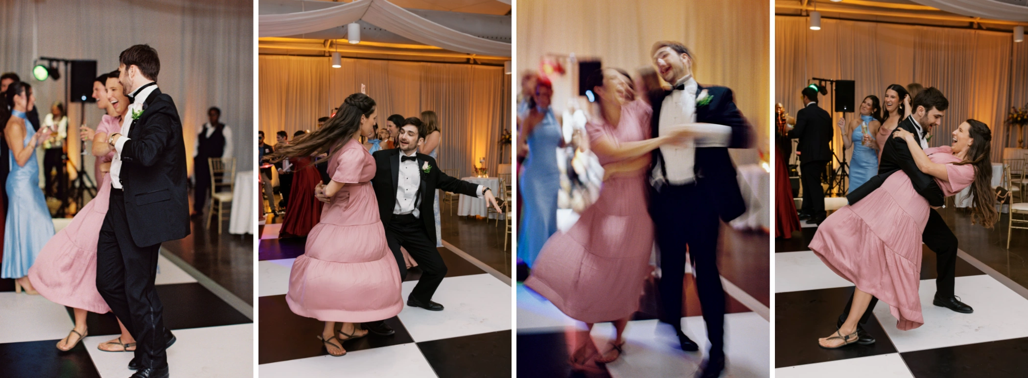 Guests and bridesmaids in pink twirling across the checkered dance floor at the Arbor Room reception in City Park