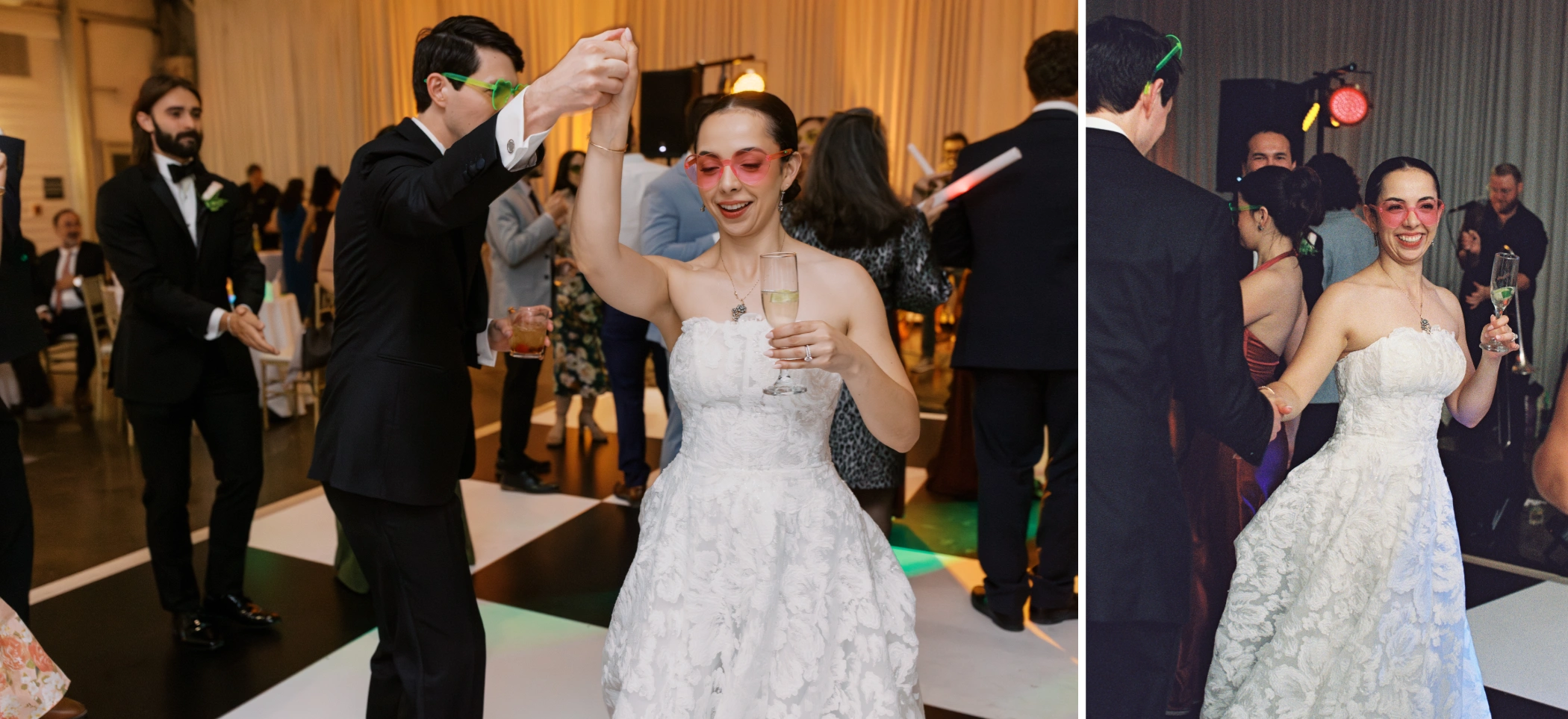 Paulina and Michael dancing with glow sticks and party sunglasses on the checkered dance floor at the Arbor Room