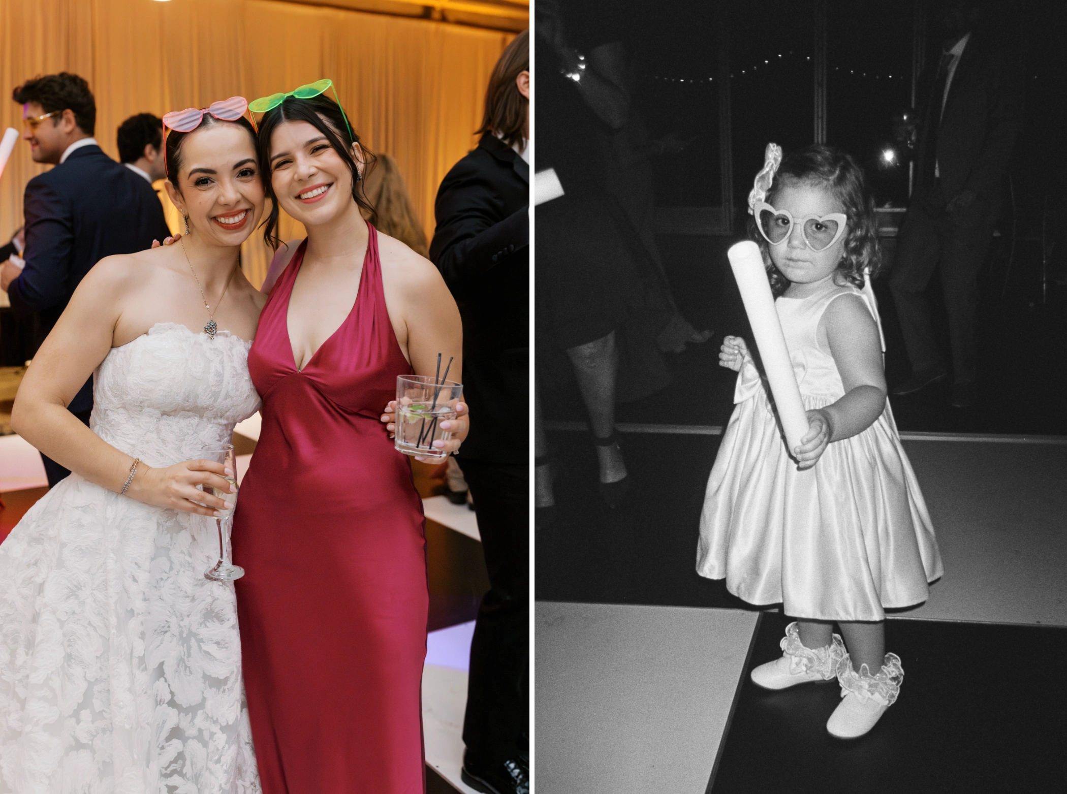 Paulina and a guest in red wearing party sunglasses, and a black and white photo of a flower girl with heart sunglasses and a glow stick