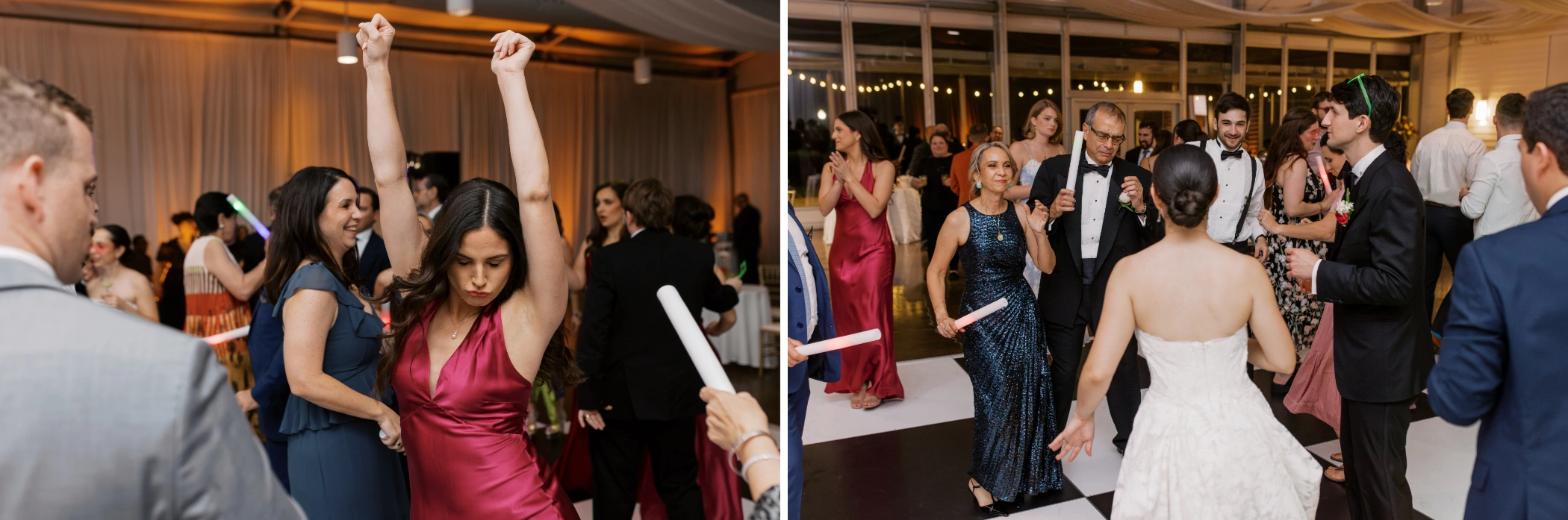 The packed dance floor at Paulina and Michael's Arbor Room reception, guests cheering with glow sticks