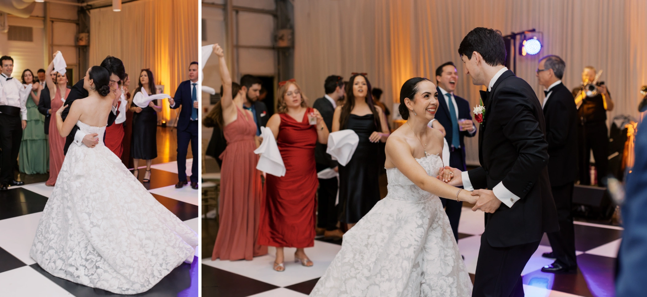 Paulina twirling with guests on the dance floor and dancing with Michael at the Arbor Room reception