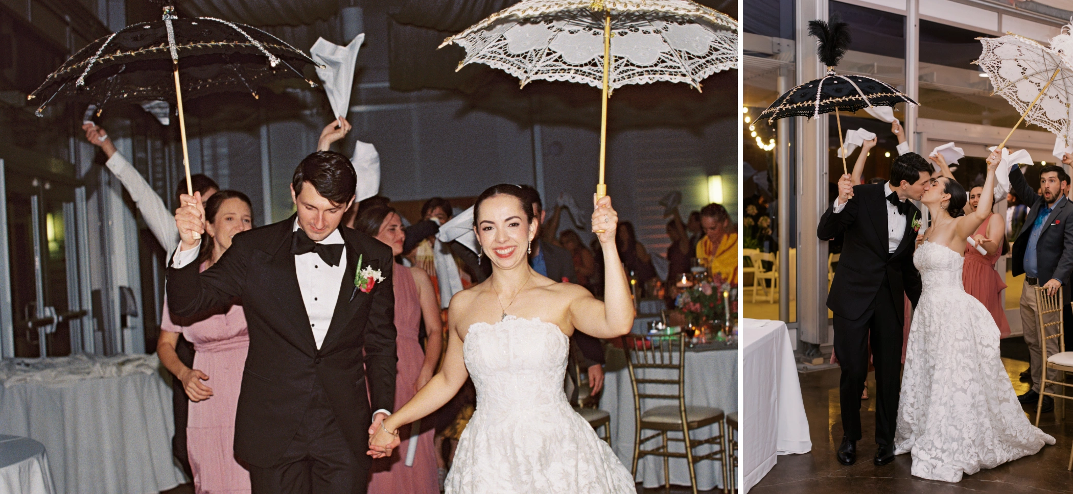 Paulina and Michael leading a second line around the Arbor Room with lace parasols and handkerchiefs