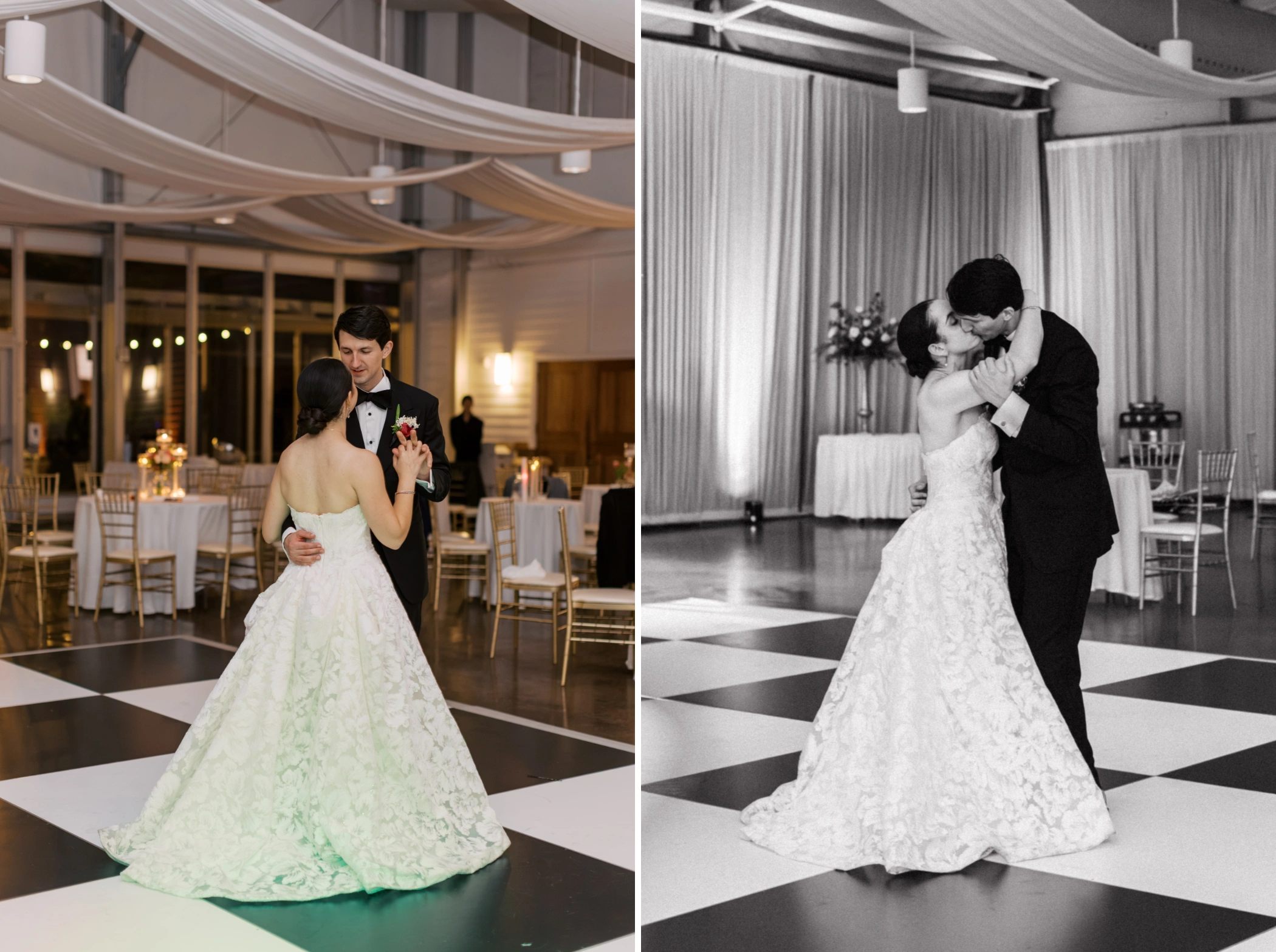 Paulina and Michael's last private dance on the checkered floor beneath the Arbor Room's draped ceiling