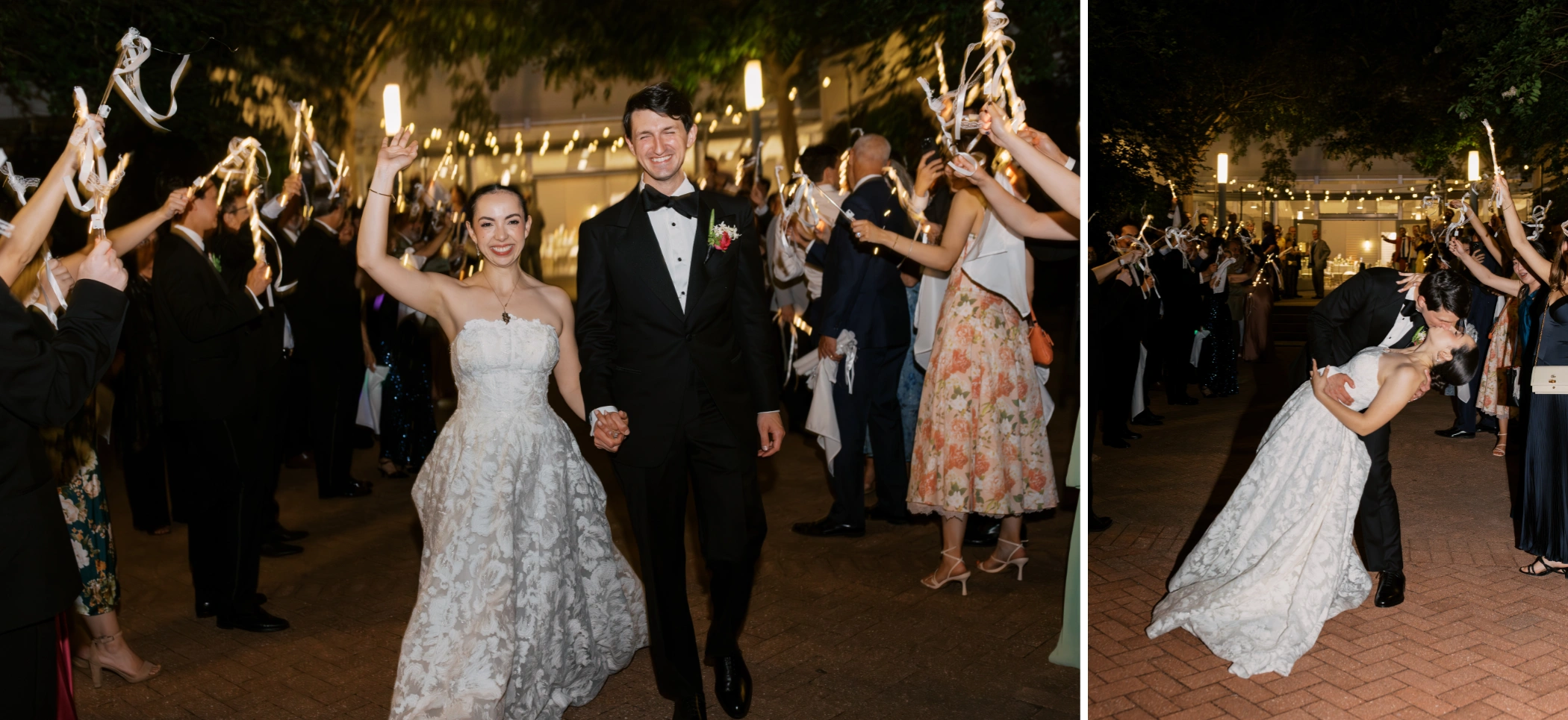Michael dipping Paulina for a kiss during their sparkler grand exit from the Arbor Room in City Park