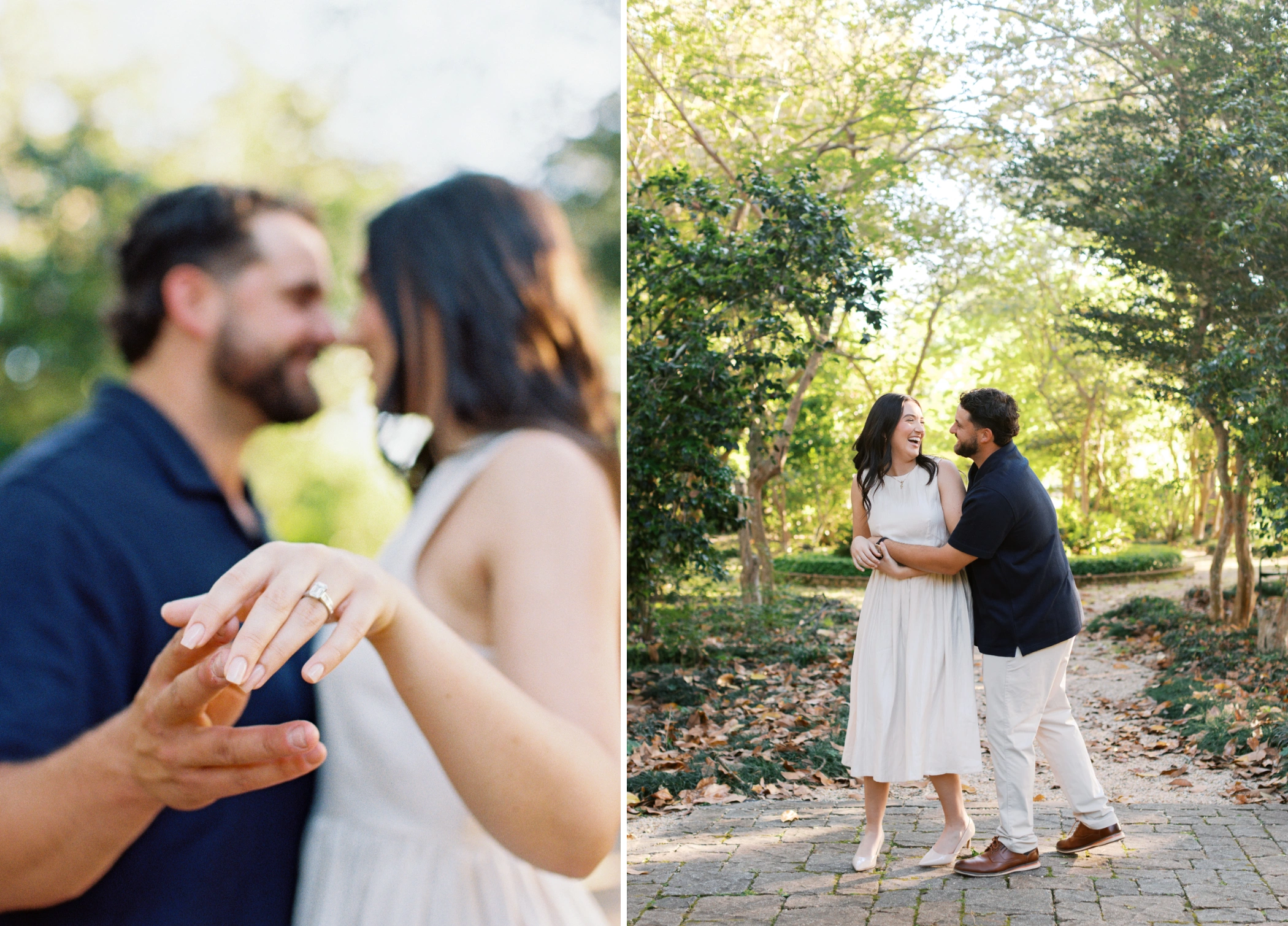 Rylie and Hunter sharing a laugh during their Alumni Center engagement photos in Lafayette Louisiana
