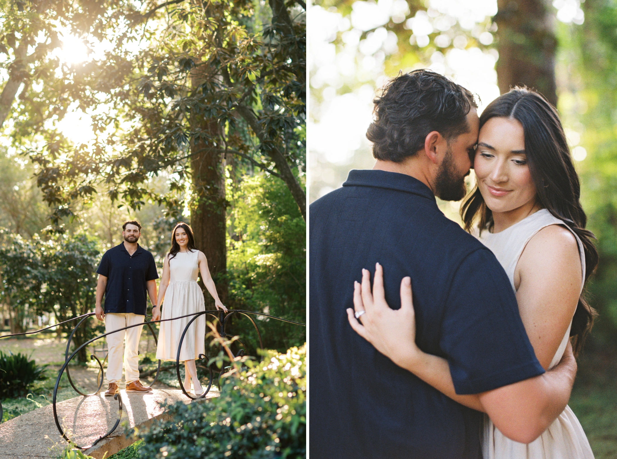 Golden hour portrait of engaged couple at UL Alumni Center captured on 35mm film