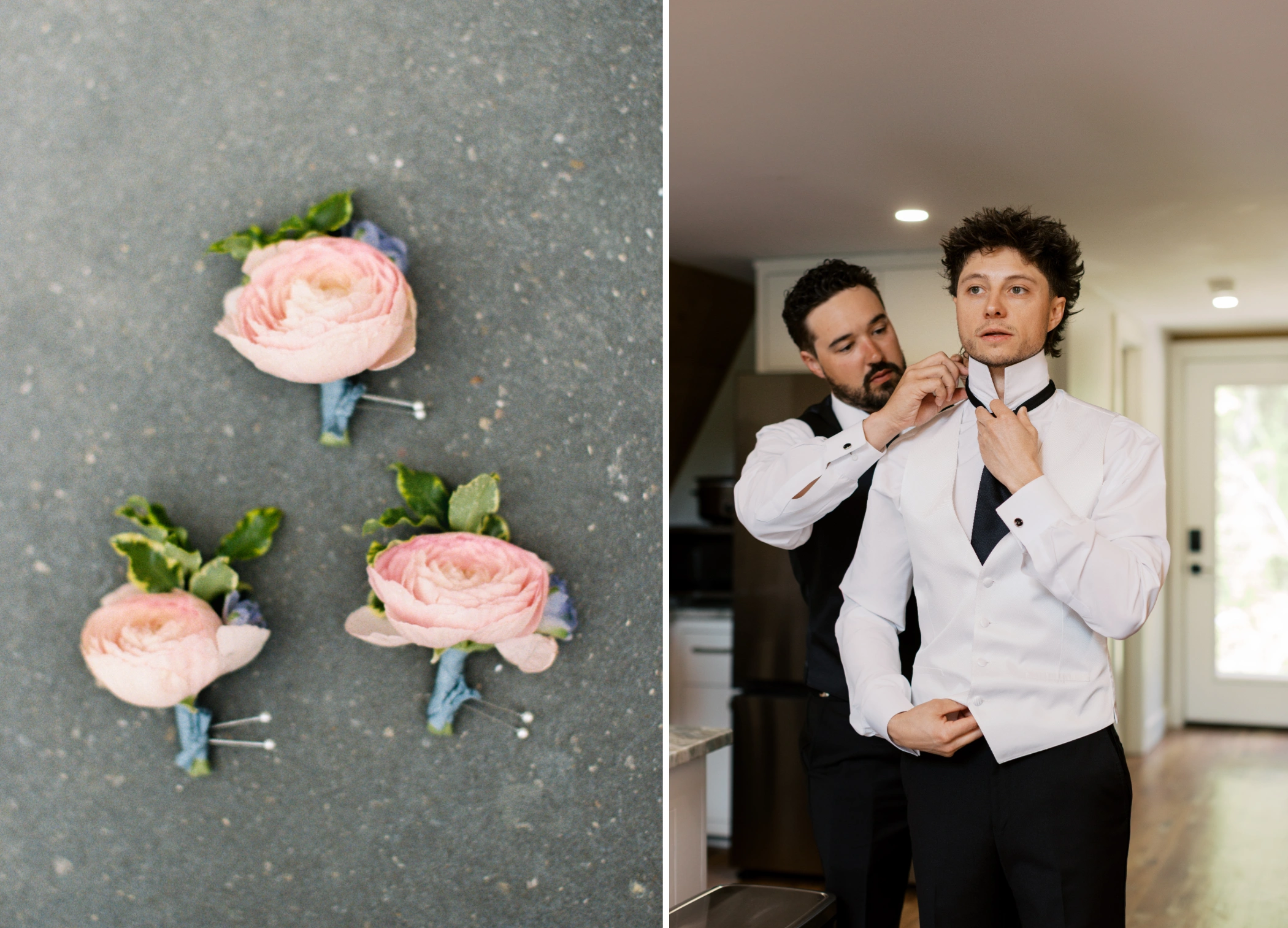 Pink ranunculus boutonnieres with blue ribbon, and a groomsman helping Zane with his collar during groom prep