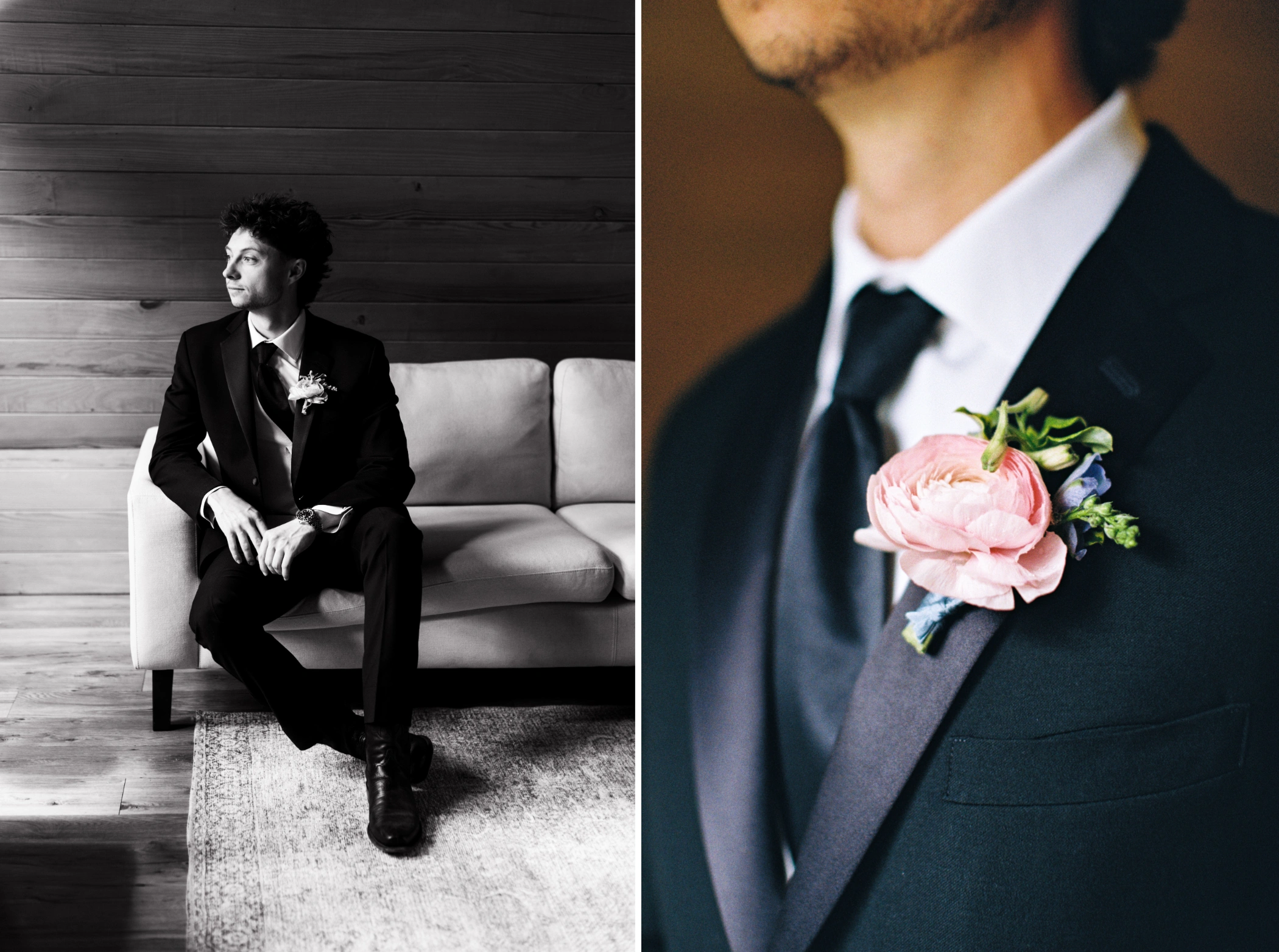 Black and white portrait of Zane seated in the A-frame house, and a close-up of his pink ranunculus boutonniere