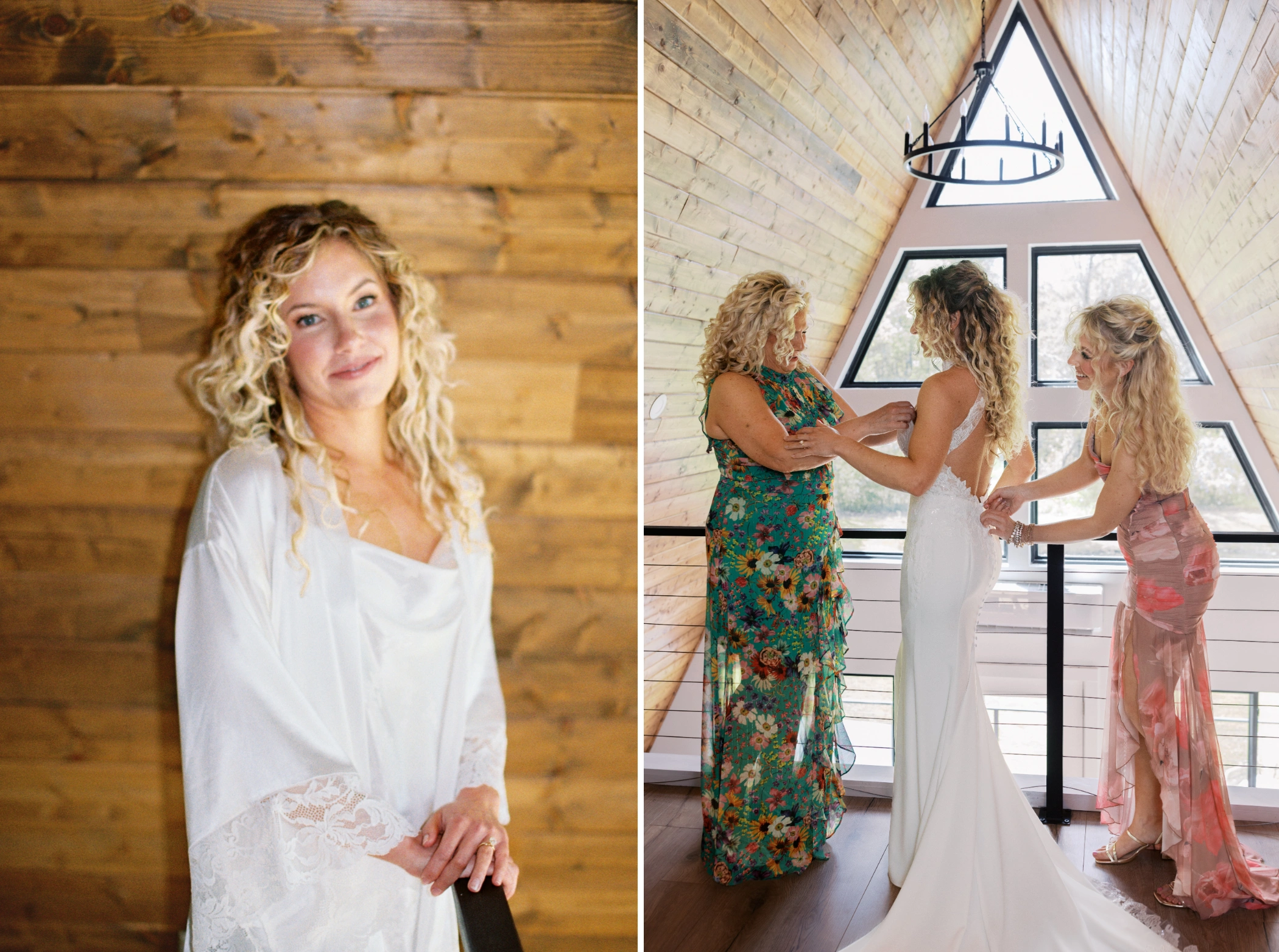 Taylor in her white robe, and her mom buttoning her lace wedding gown by the A-frame windows